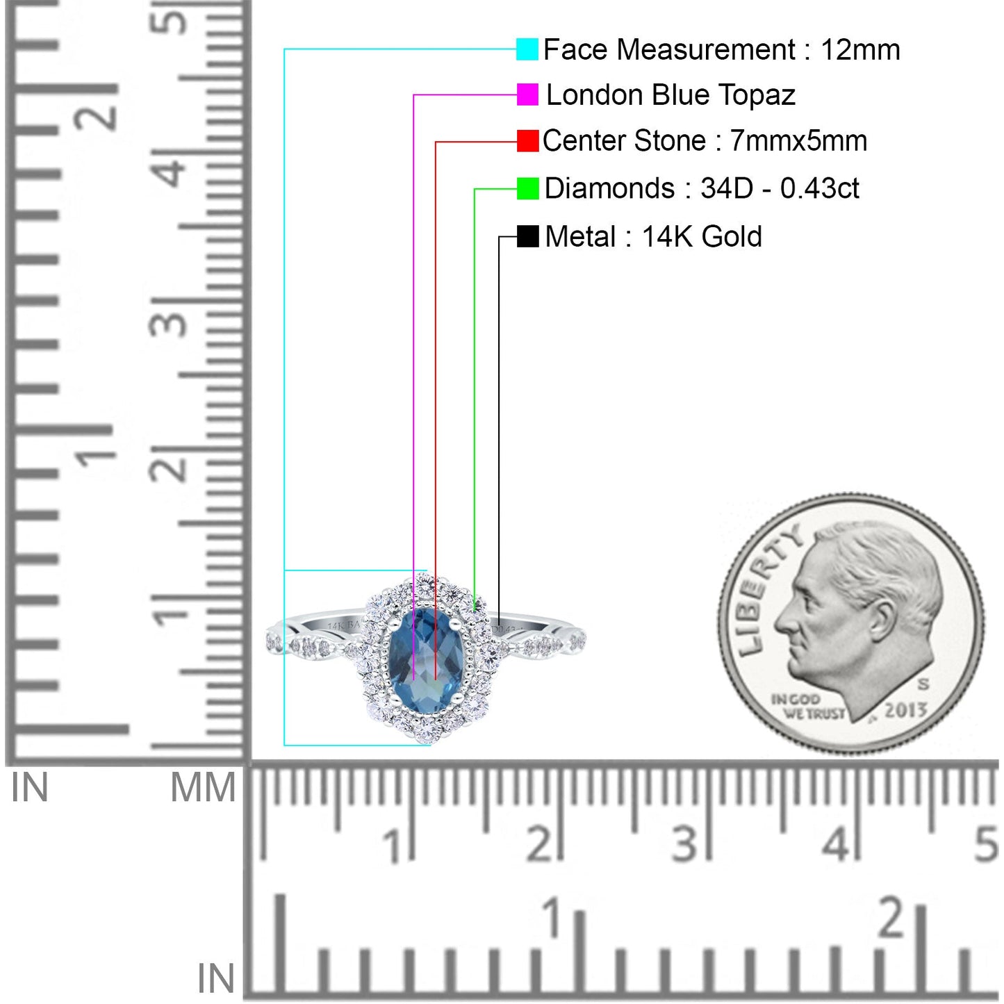 14K White Gold 1.19ct Vintage Art Deco Halo Oval 7mmx5mm G SI London Blue Topaz Diamond Engagement Wedding Ring Size 6.5