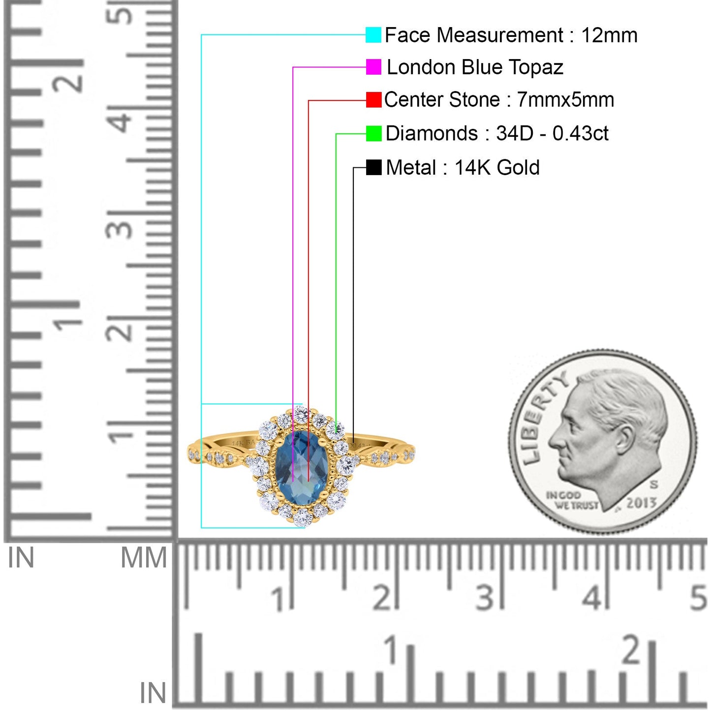 14K Yellow Gold 1.19ct Vintage Art Deco Halo Oval 7mmx5mm G SI London Blue Topaz Diamond Engagement Wedding Ring Size 6.5