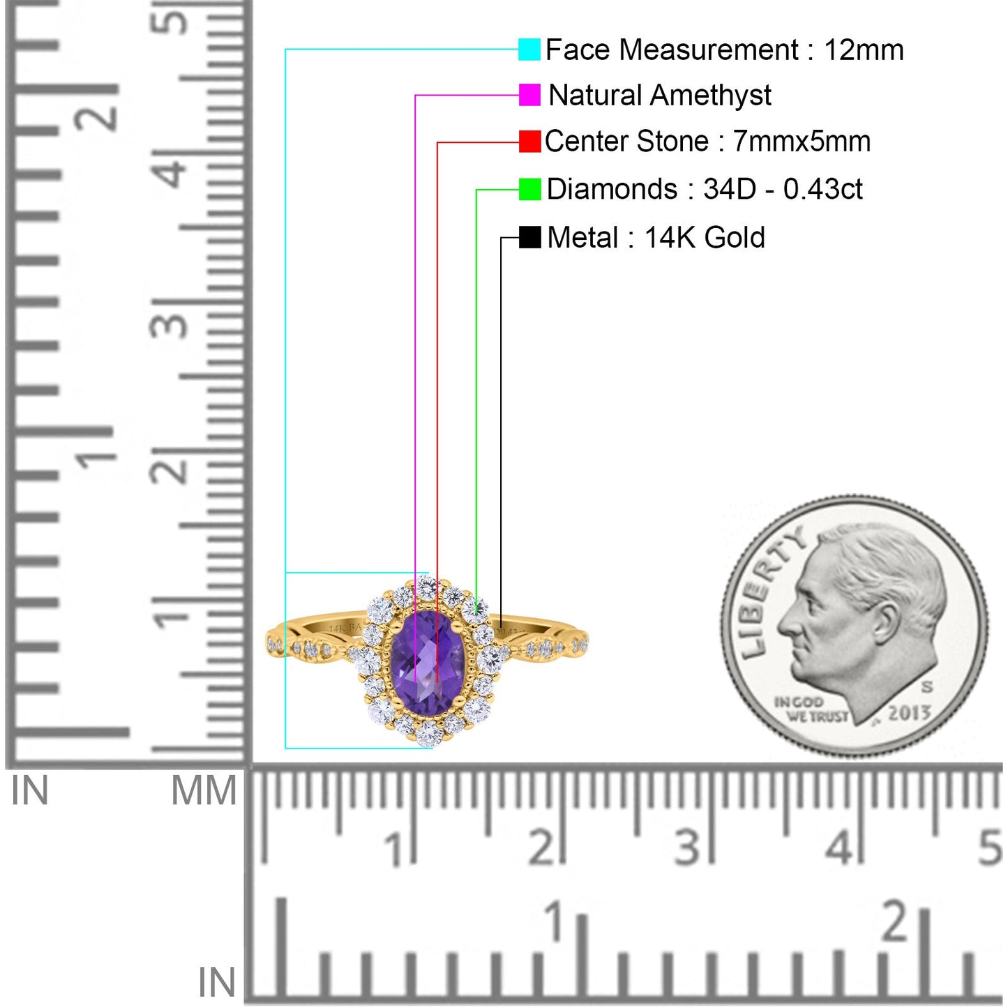 14K Yellow Gold 1.19ct Vintage Art Deco Halo Oval 7mmx5mm G SI Natural Amethyst Diamond Engagement Wedding Ring Size 6.5