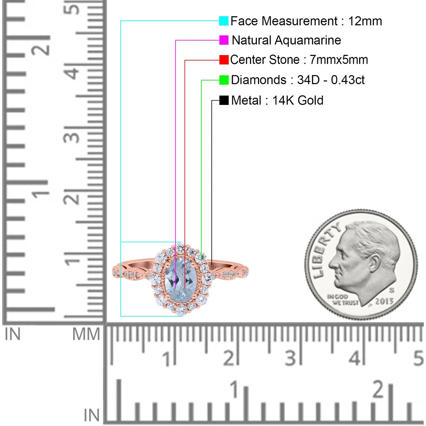 14K Rose Gold 1.19ct Vintage Art Deco Halo Oval 7mmx5mm G SI Natural Aquamarine Diamond Engagement Wedding Ring Size 6.5