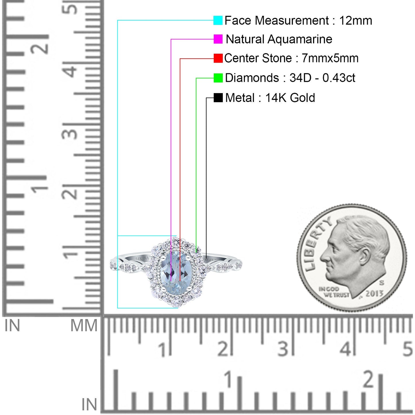 14K White Gold 1.19ct Vintage Art Deco Halo Oval 7mmx5mm G SI Natural Aquamarine Diamond Engagement Wedding Ring Size 6.5