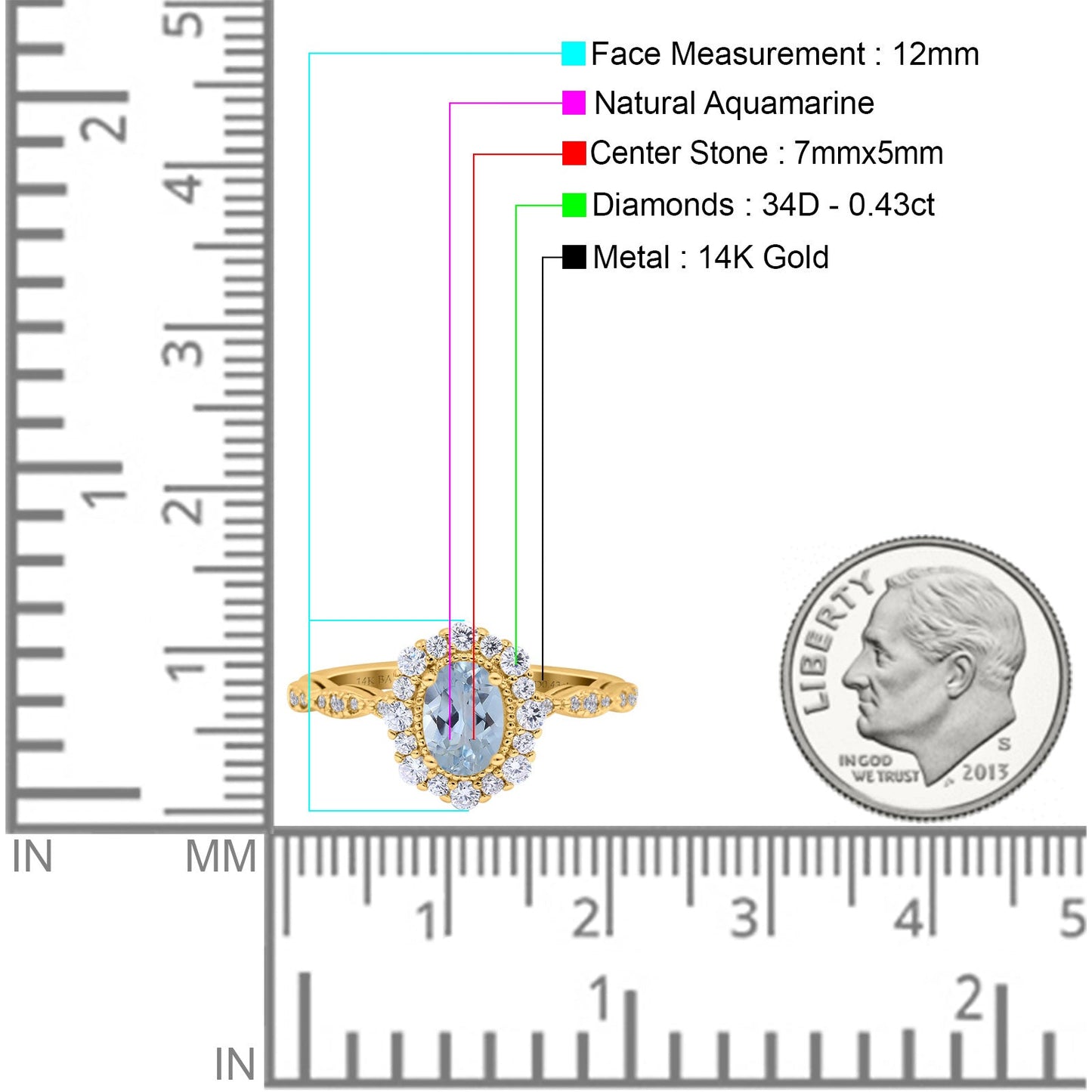 14K Yellow Gold 1.19ct Vintage Art Deco Halo Oval 7mmx5mm G SI Natural Aquamarine Diamond Engagement Wedding Ring Size 6.5