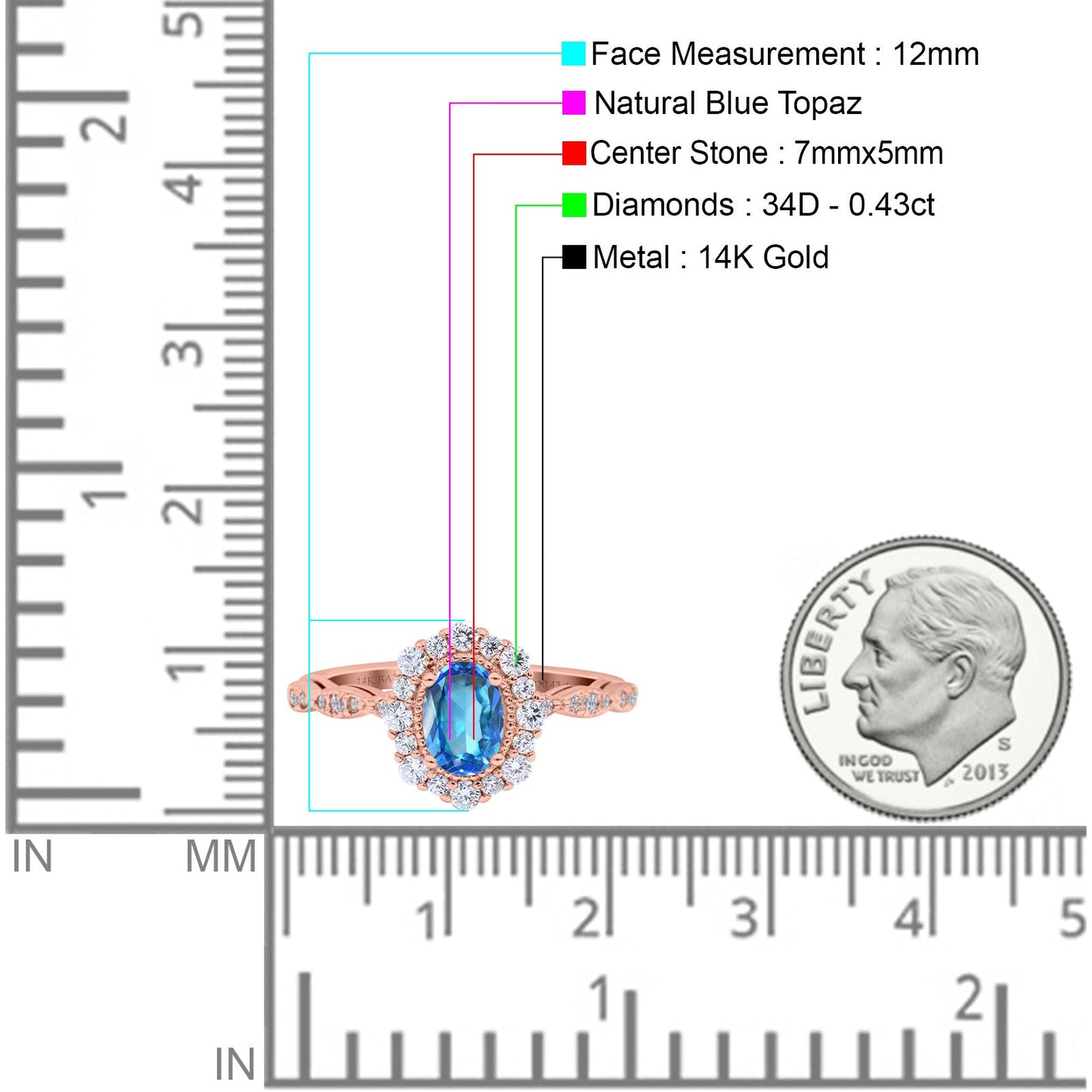 14K Rose Gold 1.19ct Vintage Art Deco Halo Oval 7mmx5mm G SI Natural Blue Topaz Diamond Engagement Wedding Ring Size 6.5