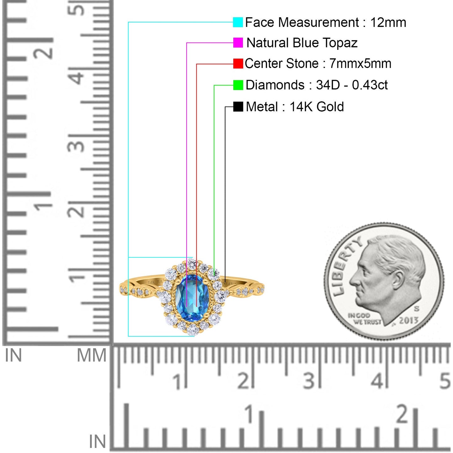 14K Yellow Gold 1.19ct Vintage Art Deco Halo Oval 7mmx5mm G SI Natural Blue Topaz Diamond Engagement Wedding Ring Size 6.5