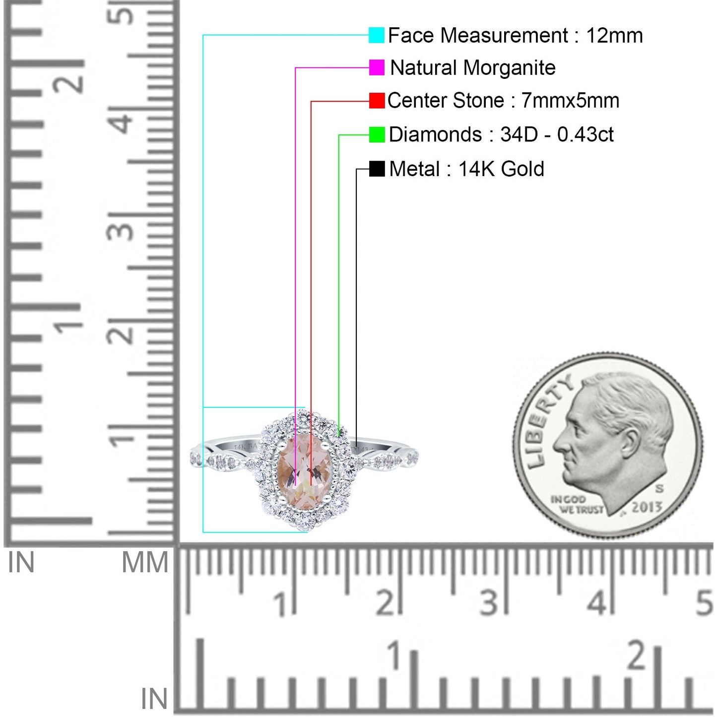 14K White Gold 1.19ct Vintage Art Deco Halo Oval 7mmx5mm G SI Natural Morganite Diamond Engagement Wedding Ring Size 6.5