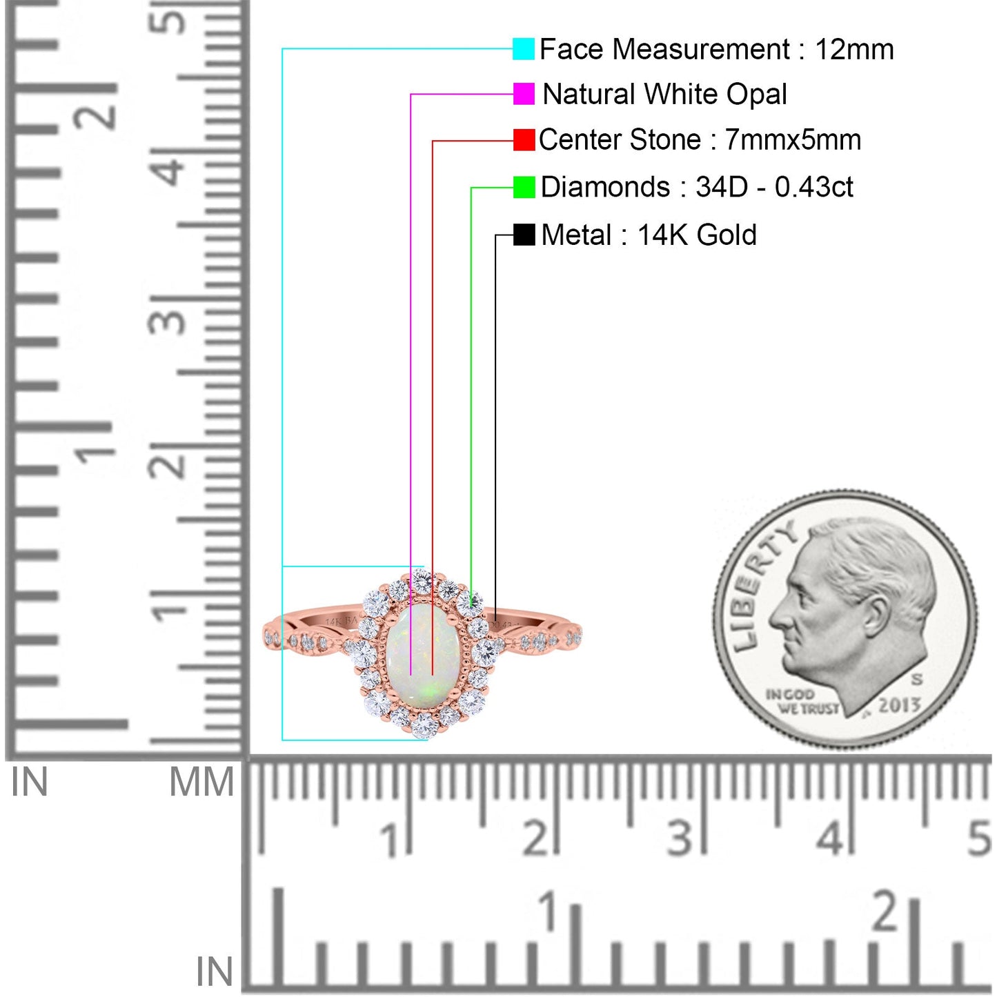 14K Rose Gold 0.43ct Vintage Art Deco Halo Oval 7mmx5mm G SI Natural White Opal Diamond Engagement Wedding Ring Size 6.5