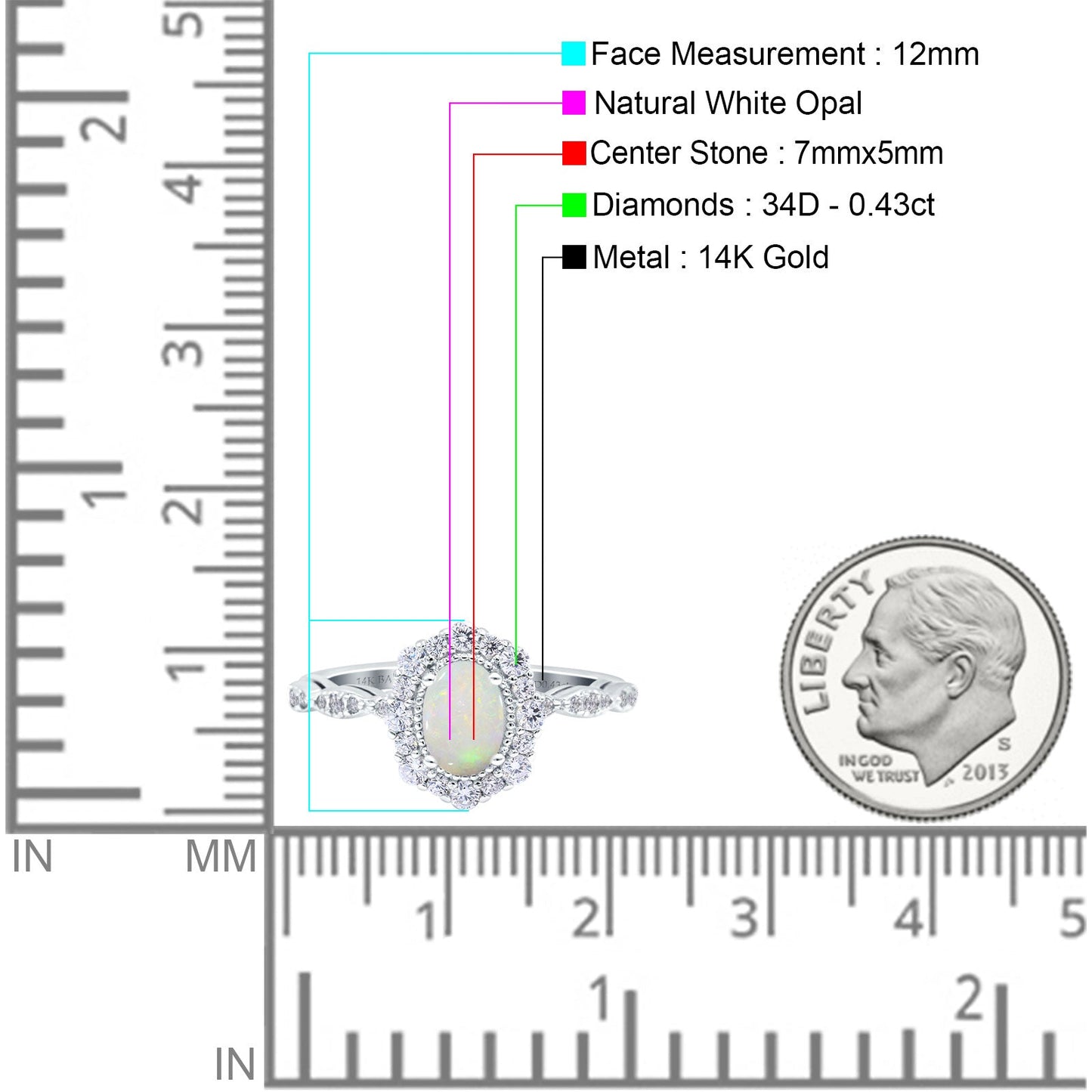 14K White Gold 0.43ct Vintage Art Deco Halo Oval 7mmx5mm G SI Natural White Opal Diamond Engagement Wedding Ring Size 6.5