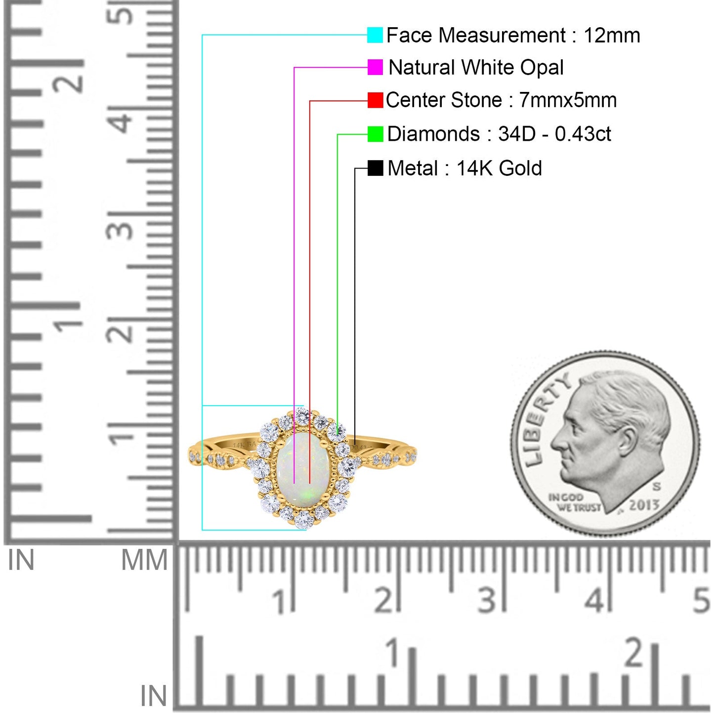 14K Yellow Gold 0.43ct Vintage Art Deco Halo Oval 7mmx5mm G SI Natural White Opal Diamond Engagement Wedding Ring Size 6.5