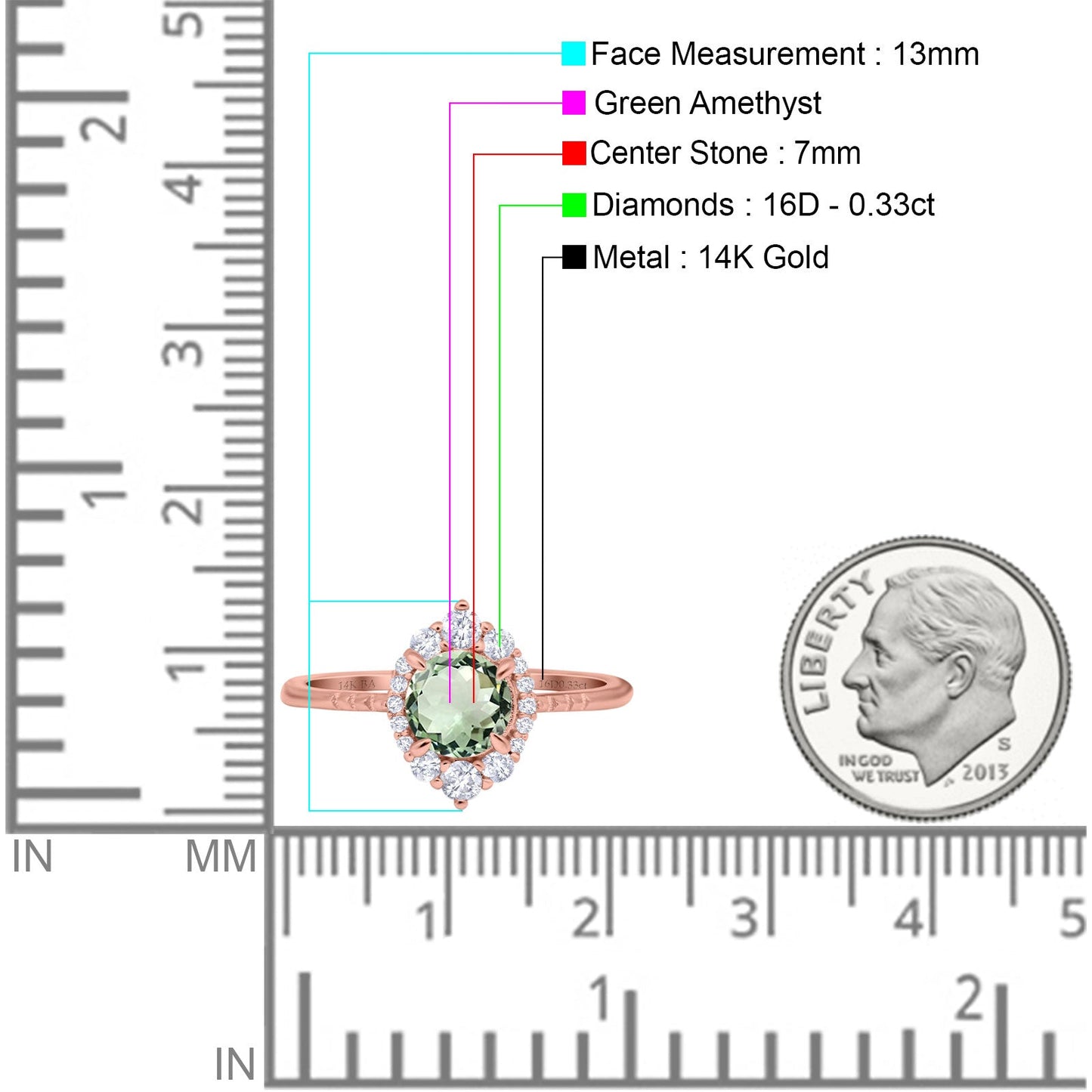 14K Rose Gold 1.61ct Halo Vintage Round 7mm G SI Natural Green Amethyst Diamond Engagement Wedding Ring Size 6.5