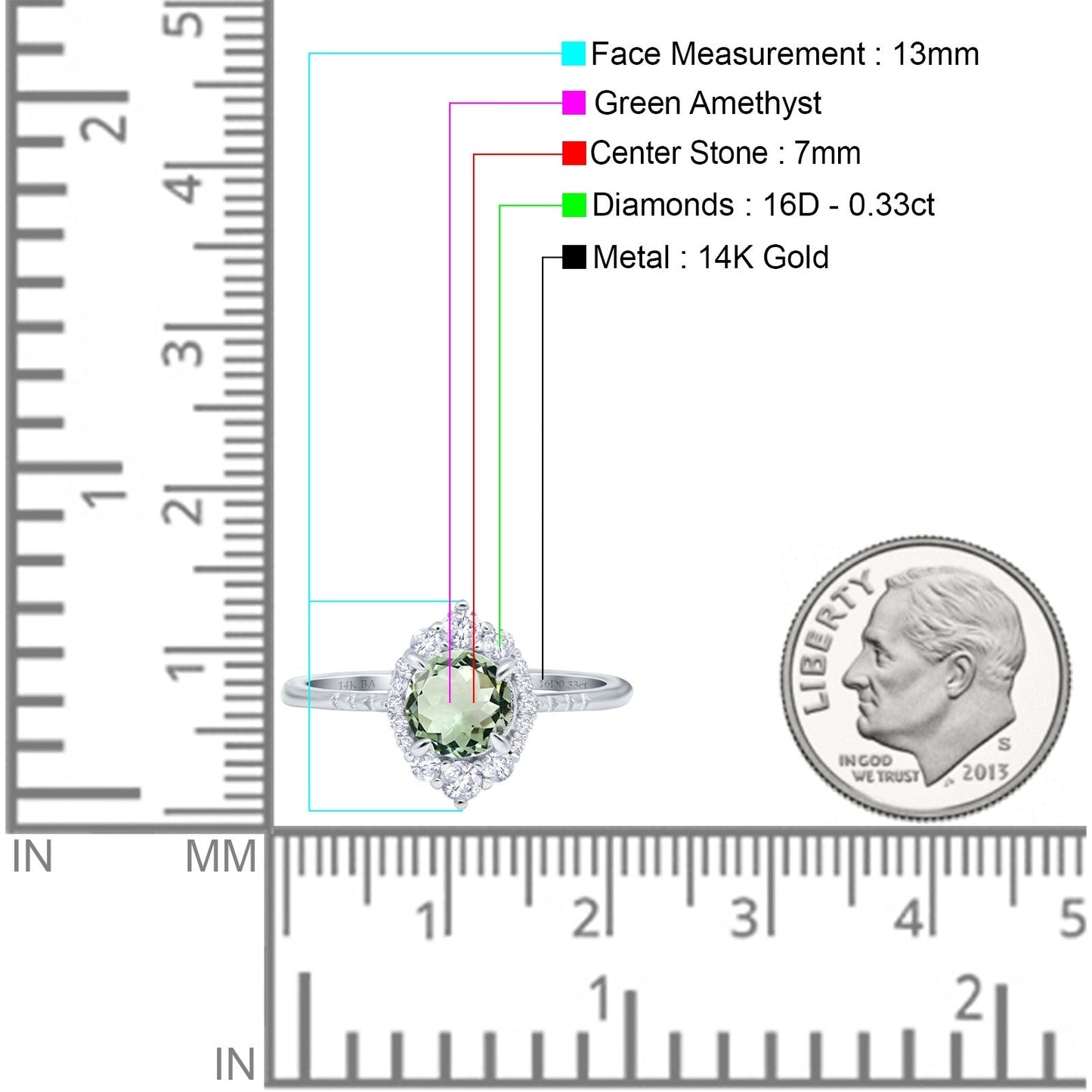 14K White Gold 1.61ct Halo Vintage Round 7mm G SI Natural Green Amethyst Diamond Engagement Wedding Ring Size 6.5