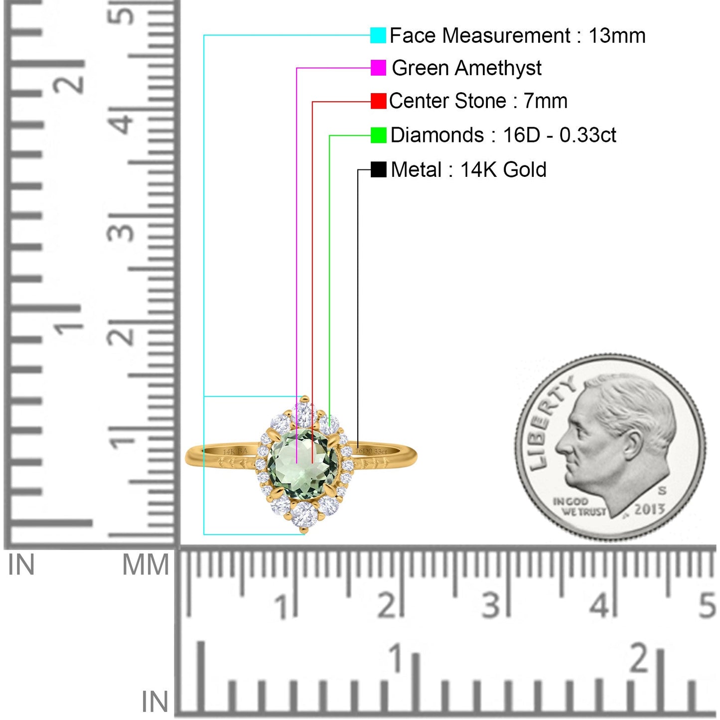 14K Yellow Gold 1.61ct Halo Vintage Round 7mm G SI Natural Green Amethyst Diamond Engagement Wedding Ring Size 6.5