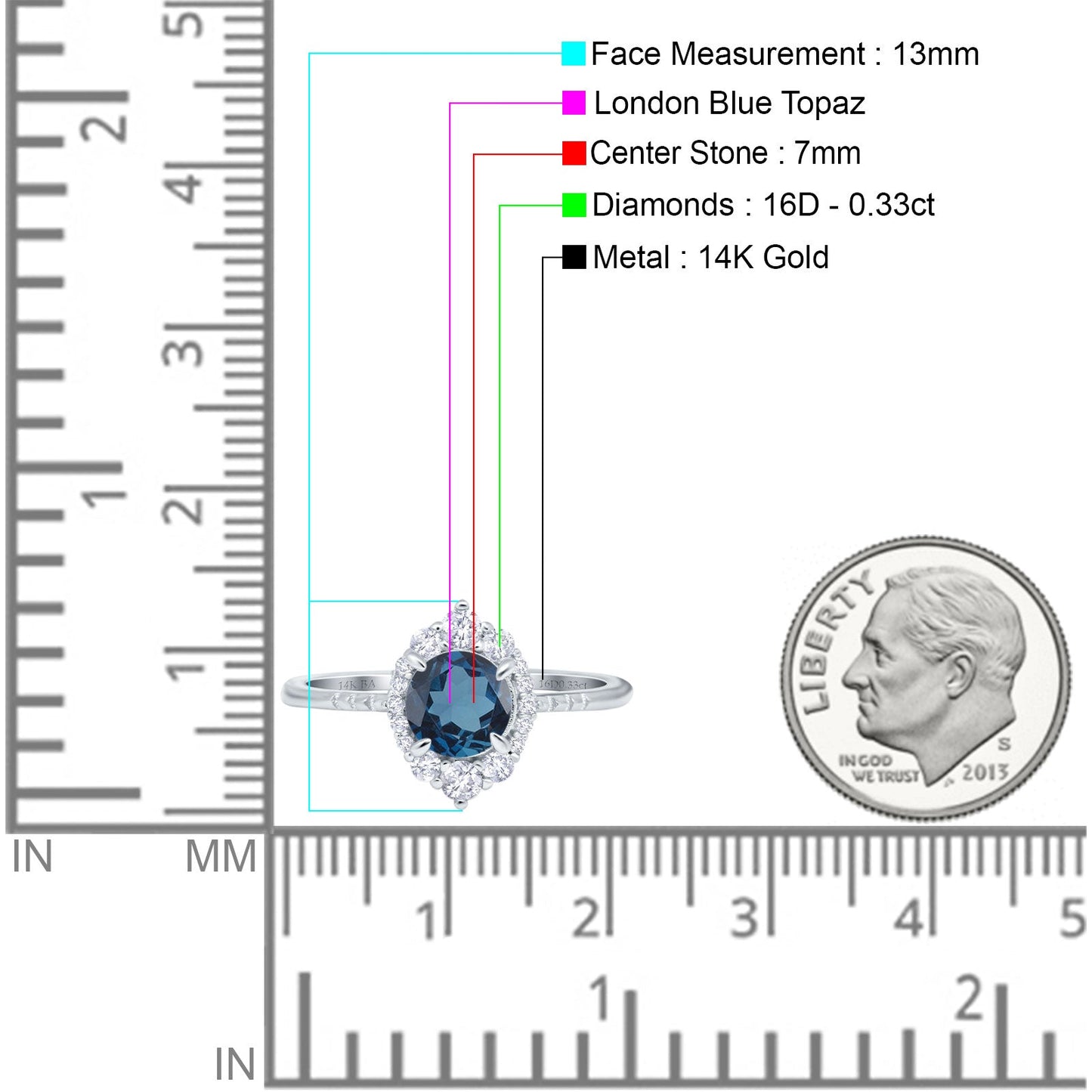 14K White Gold 1.61ct Halo Vintage Round 7mm G SI London Blue Topaz Diamond Engagement Wedding Ring Size 6.5