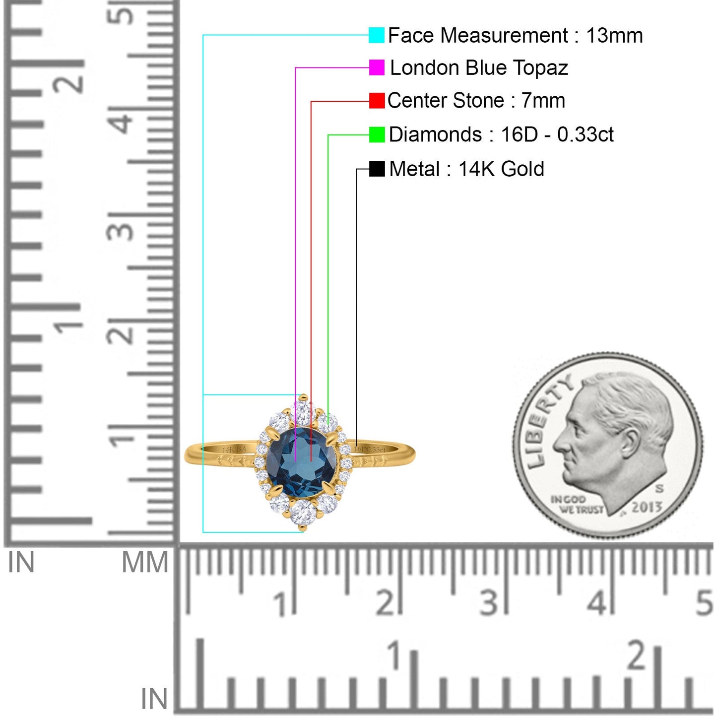 14K Yellow Gold 1.61ct Halo Vintage Round 7mm G SI London Blue Topaz Diamond Engagement Wedding Ring Size 6.5