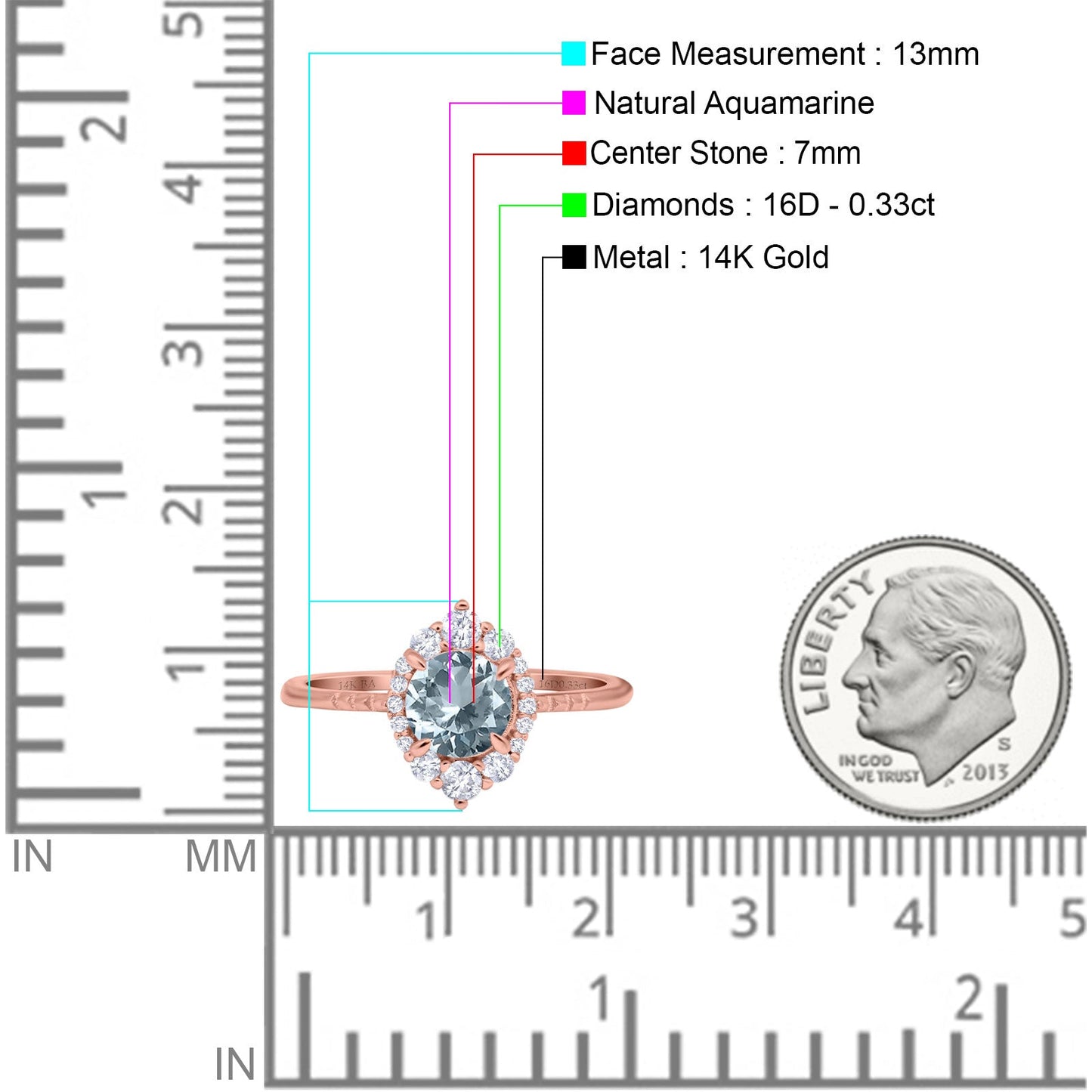 Bague de fiançailles en or rose 14 carats avec halo vintage rond de 7 mm et diamant aigue-marine naturel G SI de 1,61 ct, taille 6,5