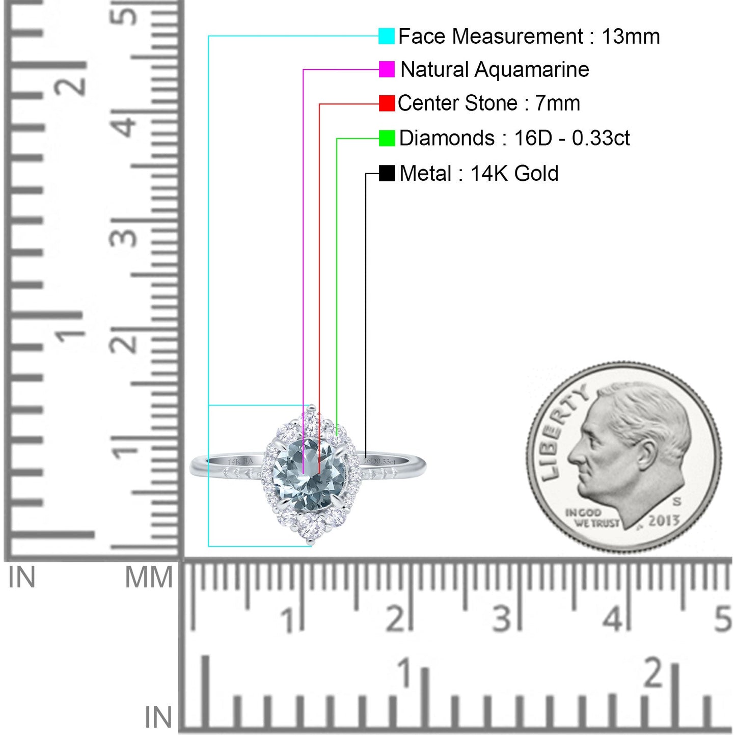 14K White Gold 1.61ct Halo Vintage Round 7mm G SI Natural Aquamarine Diamond Engagement Wedding Ring Size 6.5