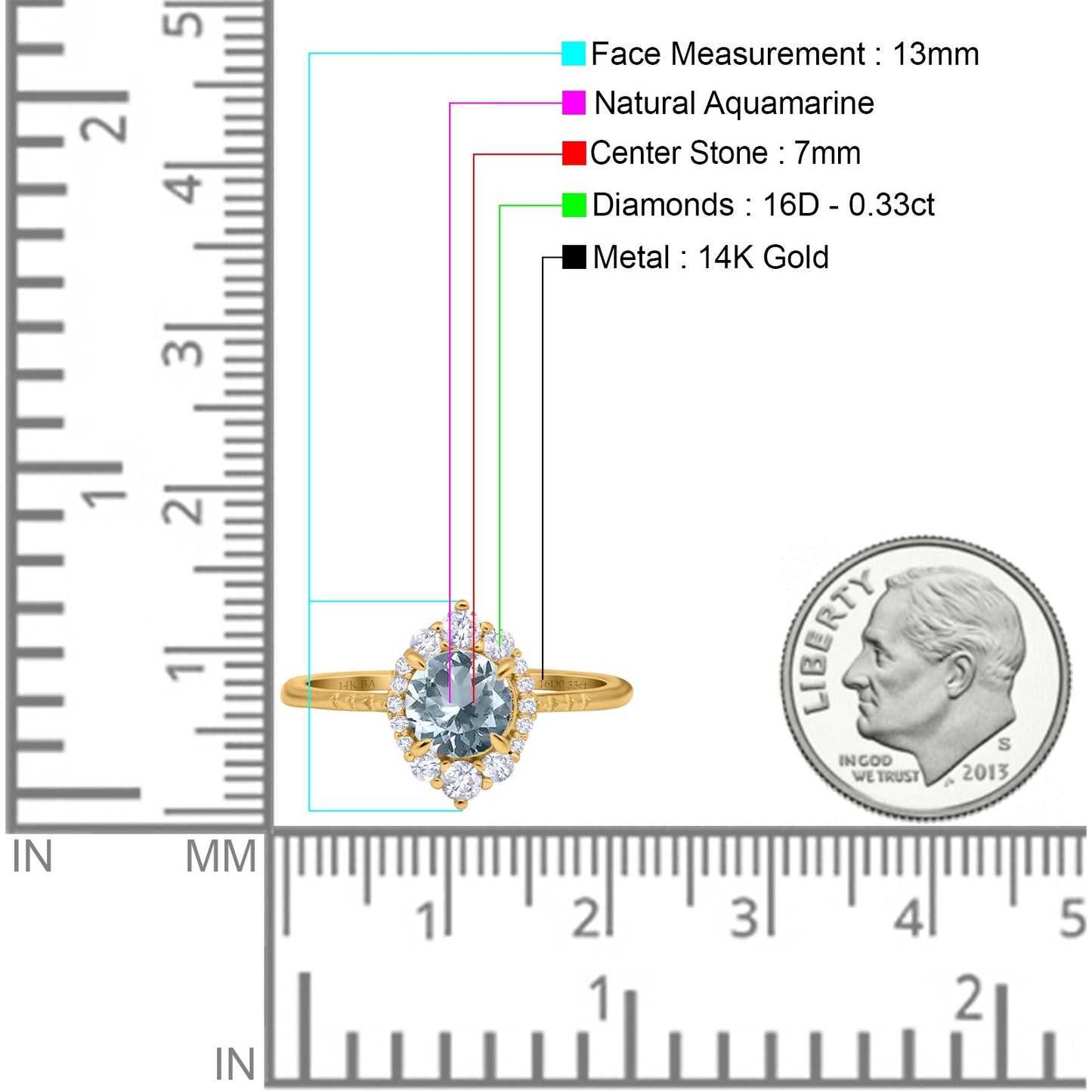 14K Yellow Gold 1.61ct Halo Vintage Round 7mm G SI Natural Aquamarine Diamond Engagement Wedding Ring Size 6.5