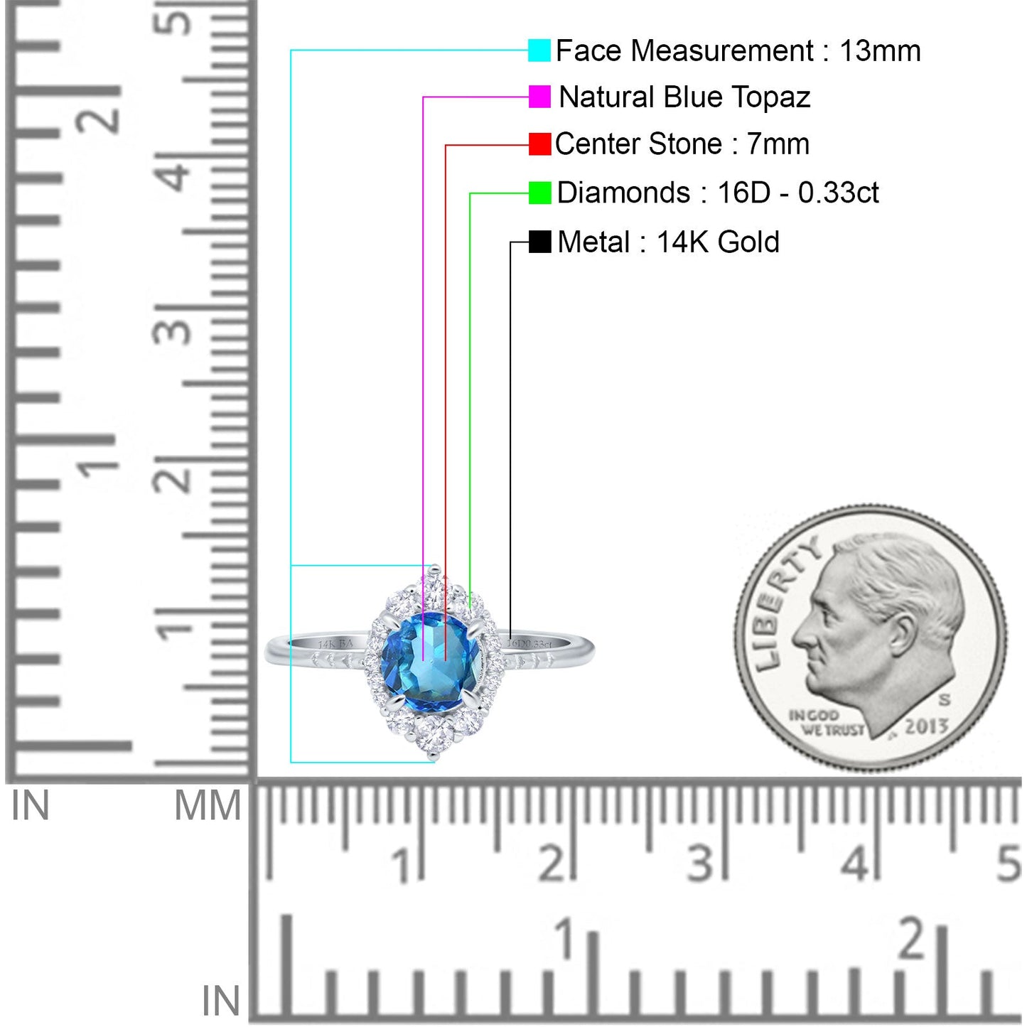 14K White Gold 1.61ct Halo Vintage Round 7mm G SI Natural Blue Topaz Diamond Engagement Wedding Ring Size 6.5