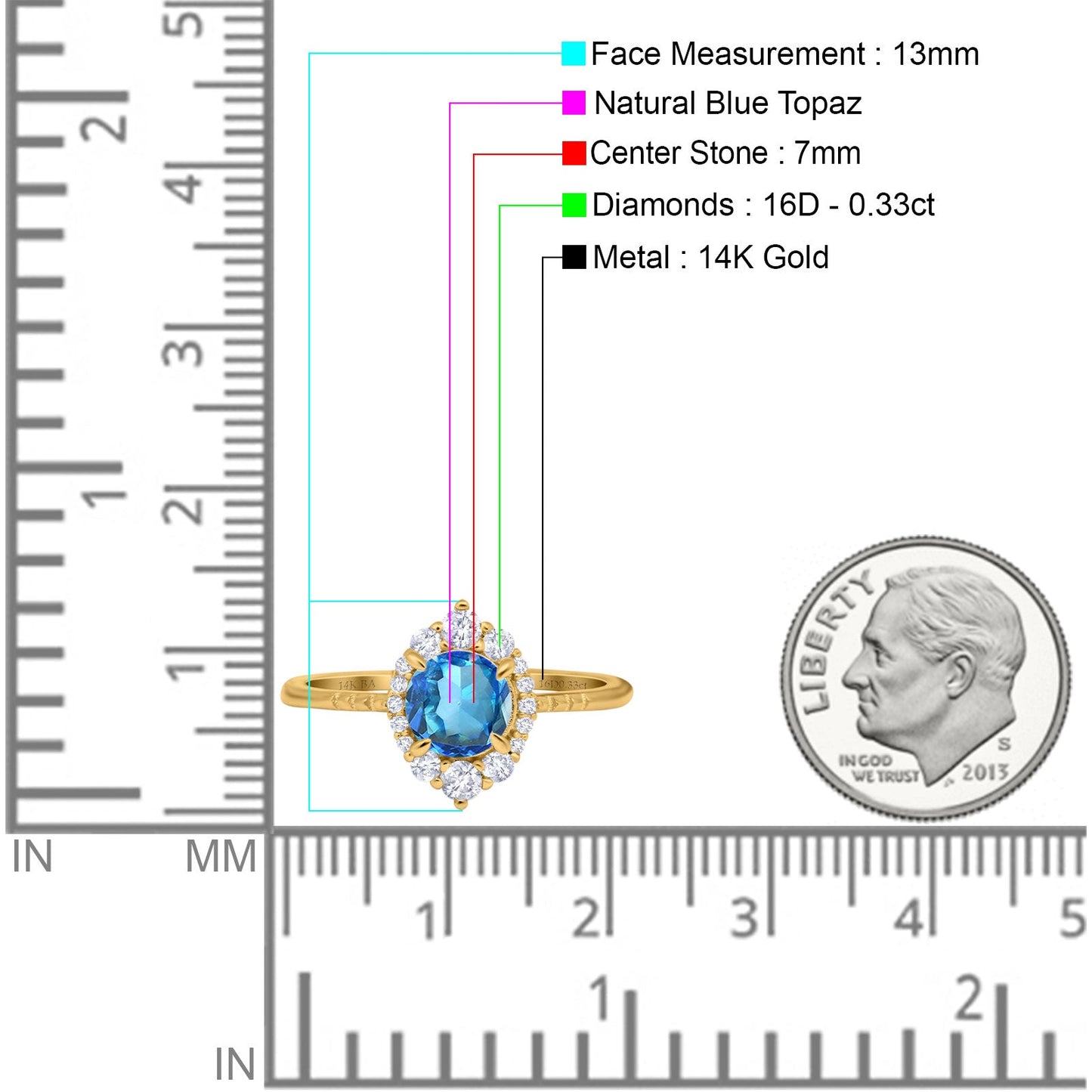 14K Yellow Gold 1.61ct Halo Vintage Round 7mm G SI Natural Blue Topaz Diamond Engagement Wedding Ring Size 6.5