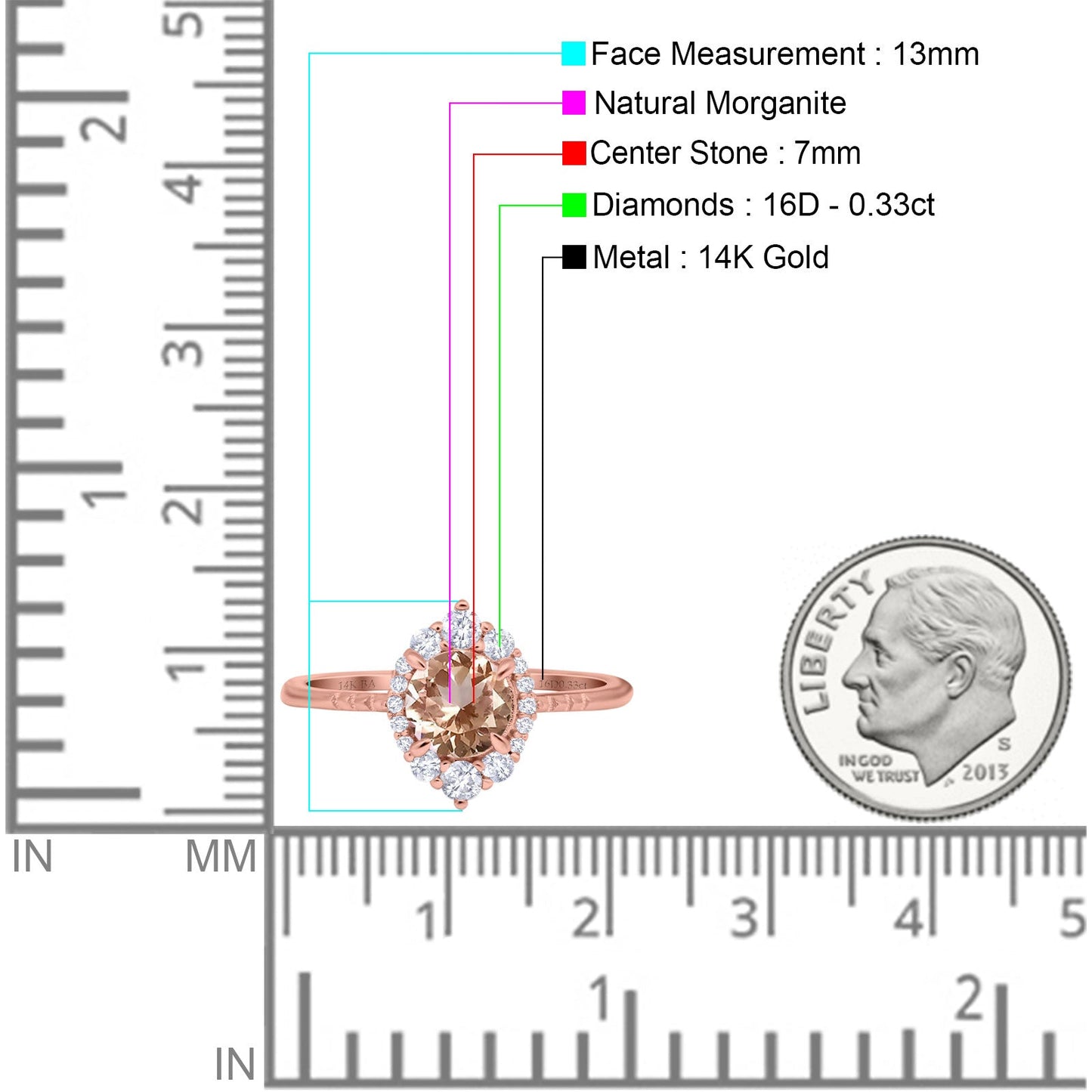 Bague de fiançailles en or rose 14 carats avec halo vintage rond de 7 mm et diamant morganite naturel G SI de 1,61 ct, taille 6,5