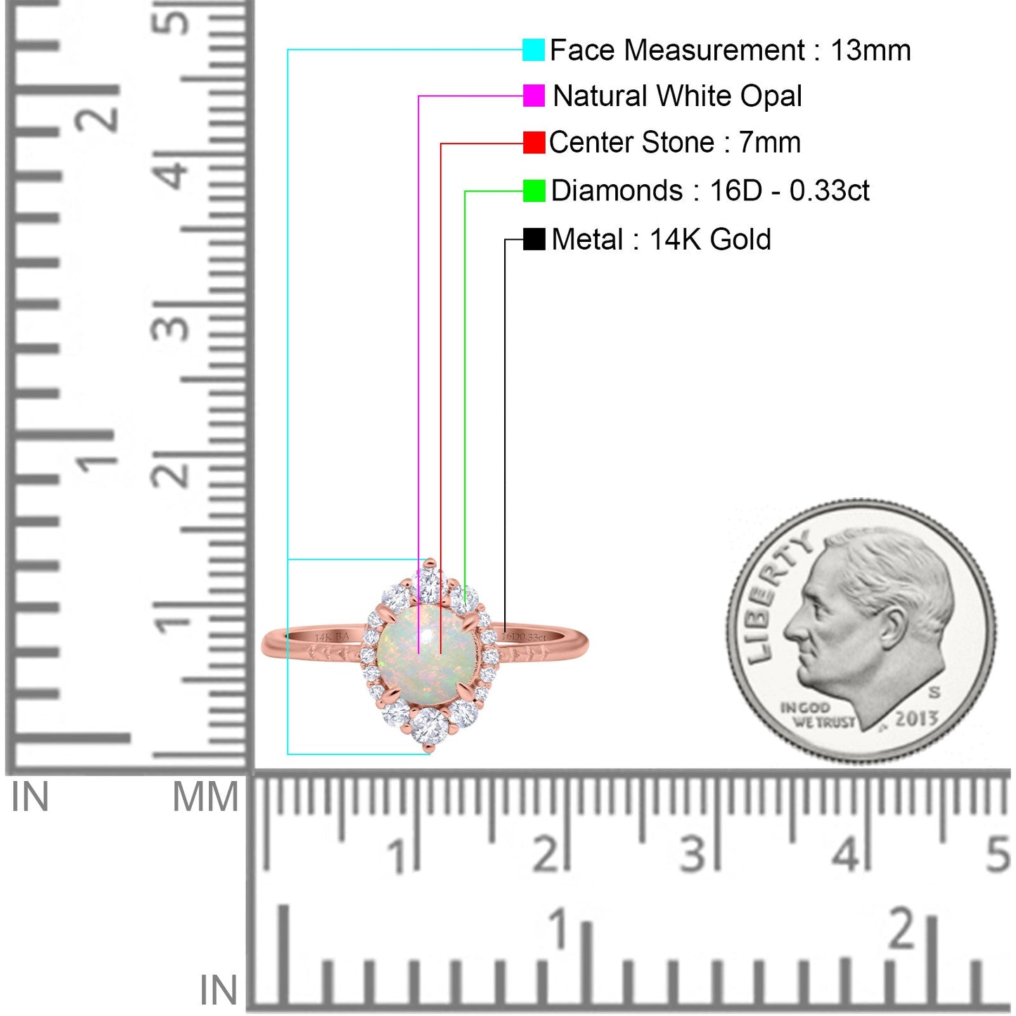 14K Rose Gold 0.33ct Halo Vintage Round 7mm G SI Natural White Opal Diamond Engagement Wedding Ring Size 6.5