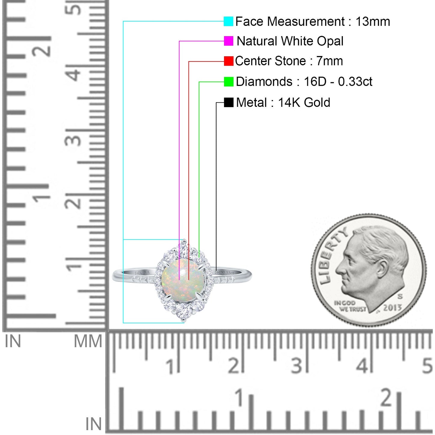 14K White Gold 0.33ct Halo Vintage Round 7mm G SI Natural White Opal Diamond Engagement Wedding Ring Size 6.5