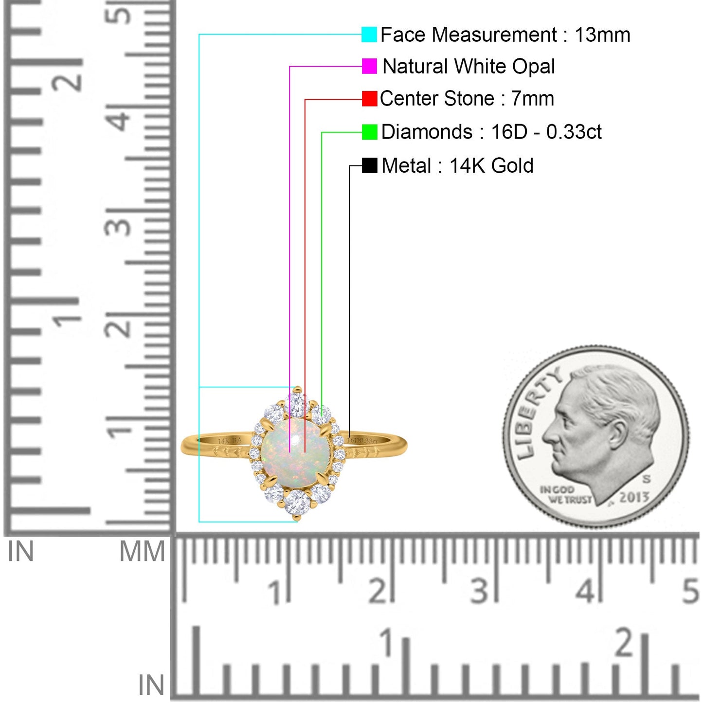 14K Yellow Gold 0.33ct Halo Vintage Round 7mm G SI Natural White Opal Diamond Engagement Wedding Ring Size 6.5