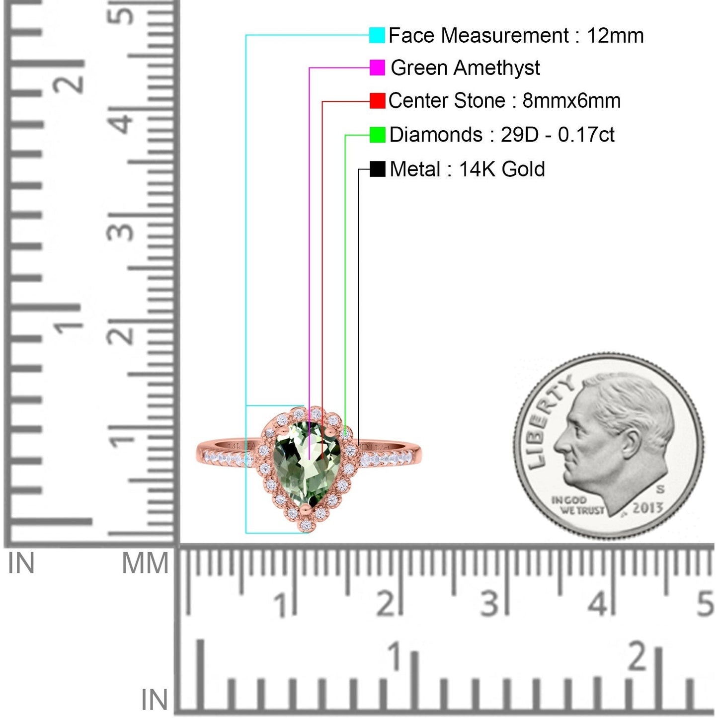 Bague de fiançailles en or rose 14 carats 1,42 ct en forme de larme avec halo en forme de poire 8 mm x 6 mm G SI avec améthyste verte naturelle et diamant, taille 6,5