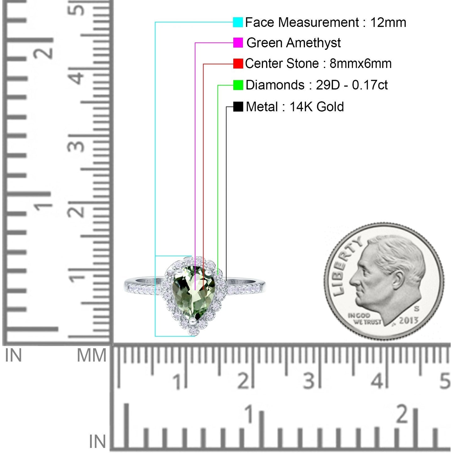 14K White Gold 1.42ct Teardrop Pear Halo 8mmx6mm G SI Natural Green Amethyst Diamond Engagement Wedding Ring Size 6.5