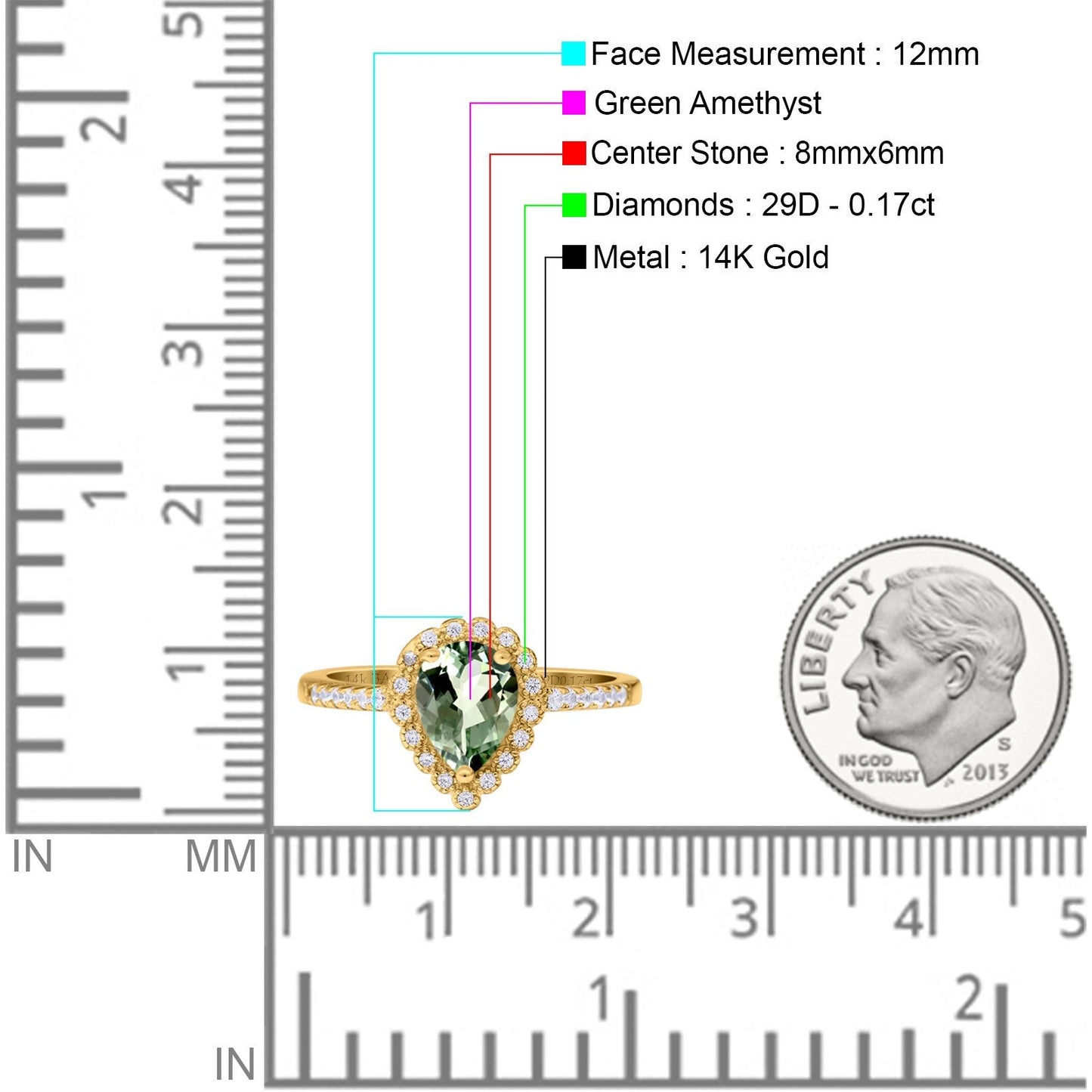 14K Yellow Gold 1.42ct Teardrop Pear Halo 8mmx6mm G SI Natural Green Amethyst Diamond Engagement Wedding Ring Size 6.5