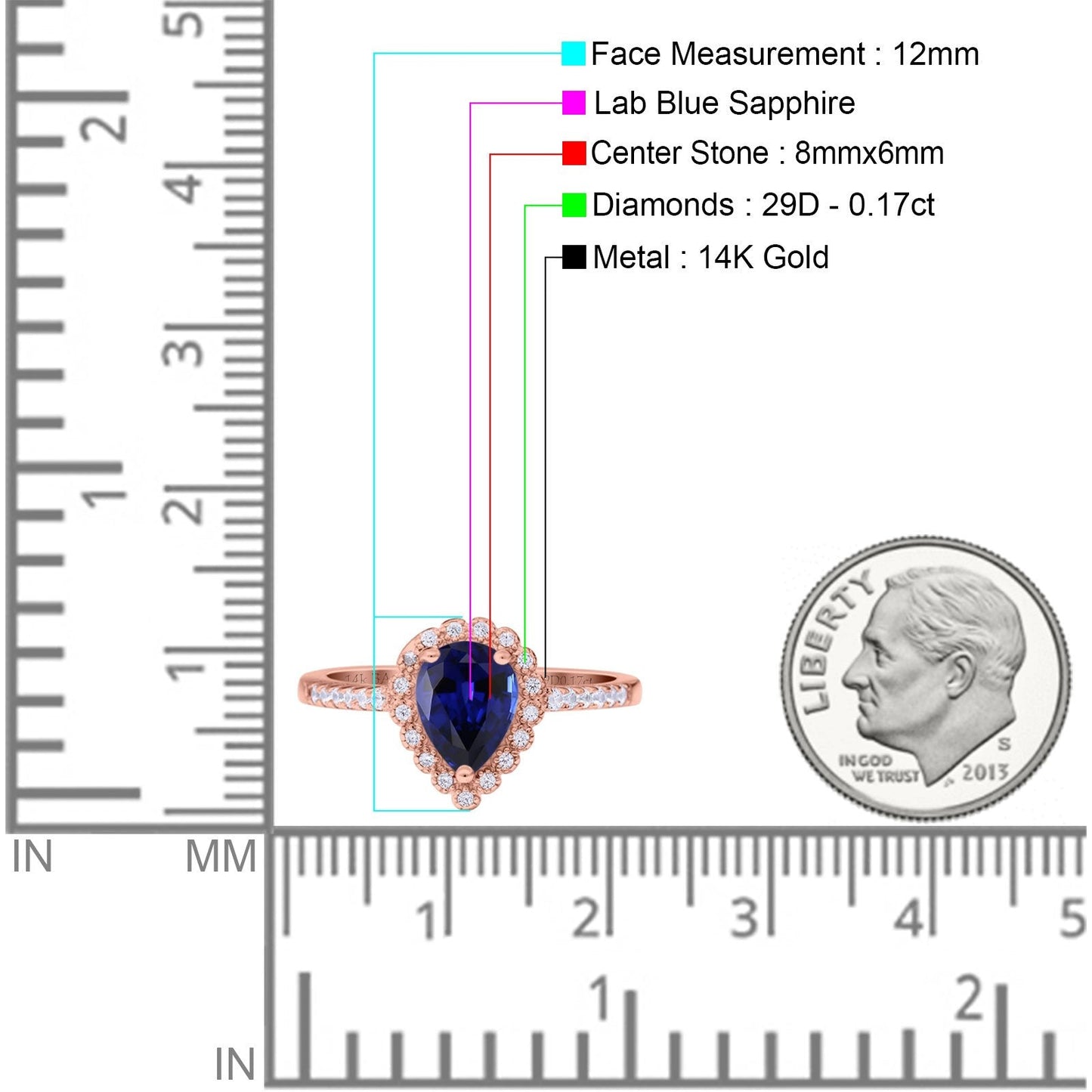 14K Rose Gold 1.42ct Teardrop Pear Halo 8mmx6mm G SI Lab Blue Sapphire Diamond Engagement Wedding Ring Size 6.5