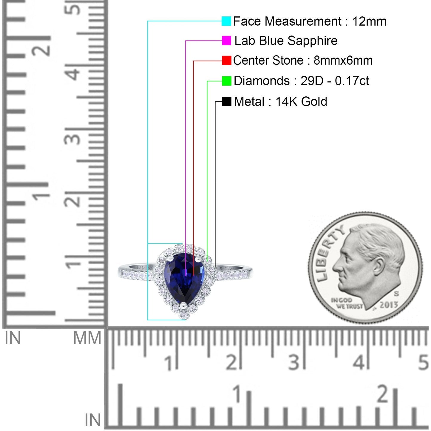 14K White Gold 1.42ct Teardrop Pear Halo 8mmx6mm G SI Lab Blue Sapphire Diamond Engagement Wedding Ring Size 6.5