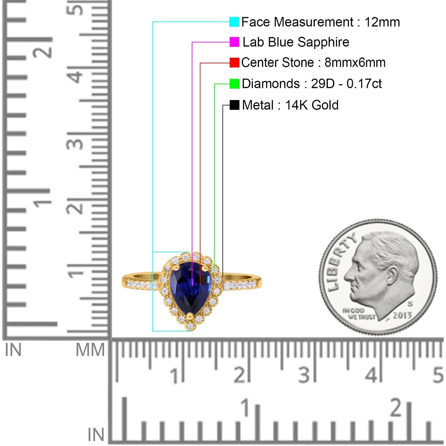 14K Yellow Gold 1.42ct Teardrop Pear Halo 8mmx6mm G SI Lab Blue Sapphire Diamond Engagement Wedding Ring Size 6.5