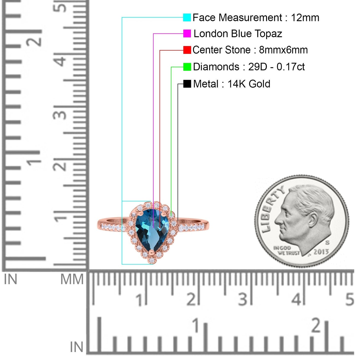 14K Rose Gold 1.42ct Teardrop Pear Halo 8mmx6mm G SI London Blue Topaz Diamond Engagement Wedding Ring Size 6.5