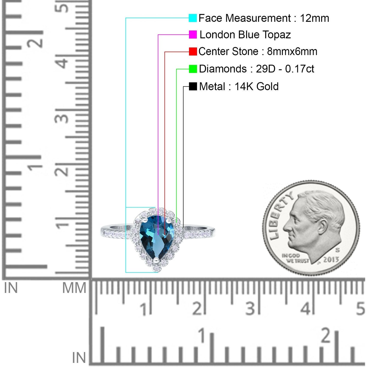 14K White Gold 1.42ct Teardrop Pear Halo 8mmx6mm G SI London Blue Topaz Diamond Engagement Wedding Ring Size 6.5