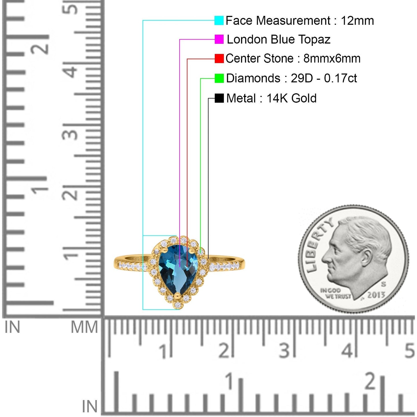 14K Yellow Gold 1.42ct Teardrop Pear Halo 8mmx6mm G SI London Blue Topaz Diamond Engagement Wedding Ring Size 6.5