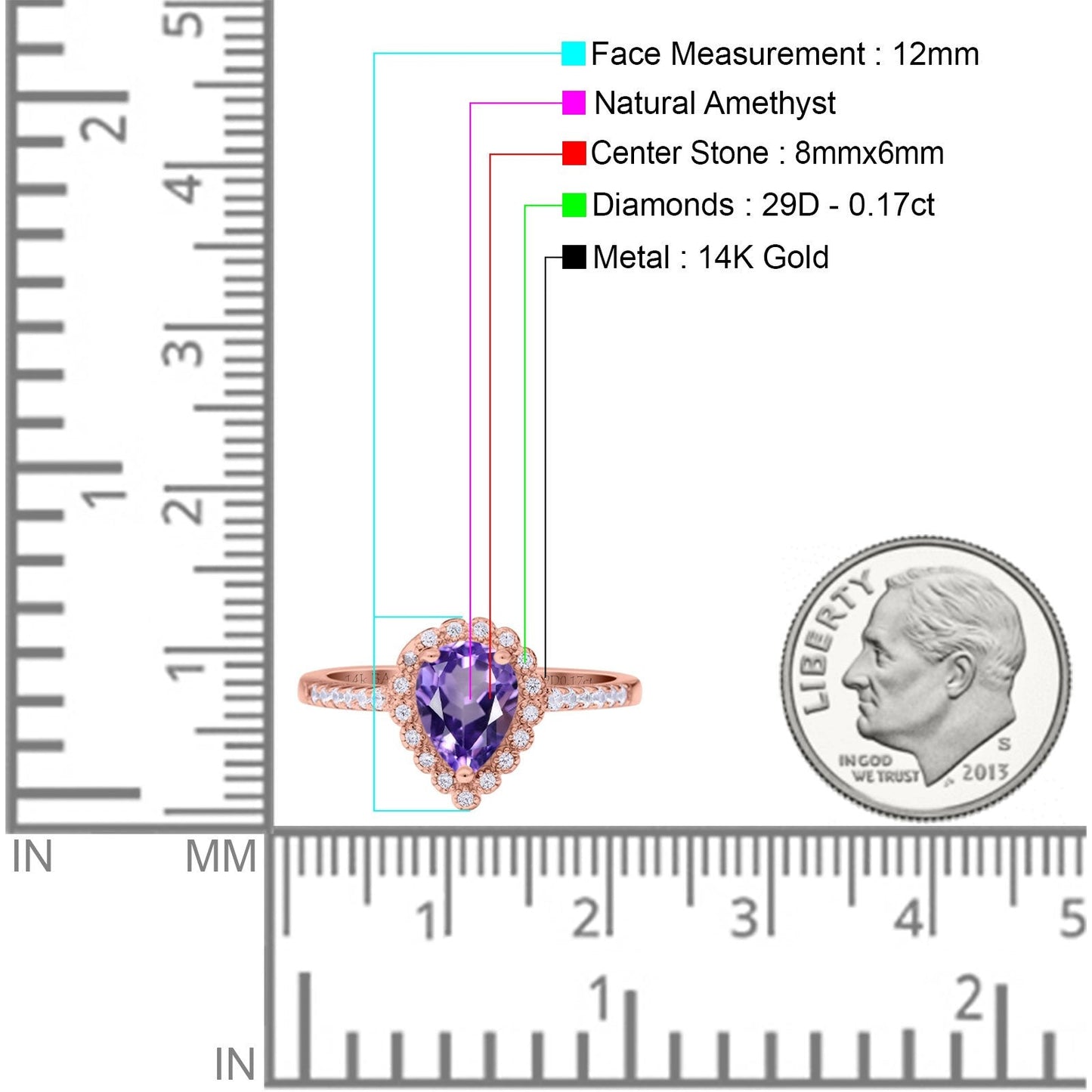 14K Rose Gold 1.42ct Teardrop Pear Halo 8mmx6mm G SI Natural Amethyst Diamond Engagement Wedding Ring Size 6.5