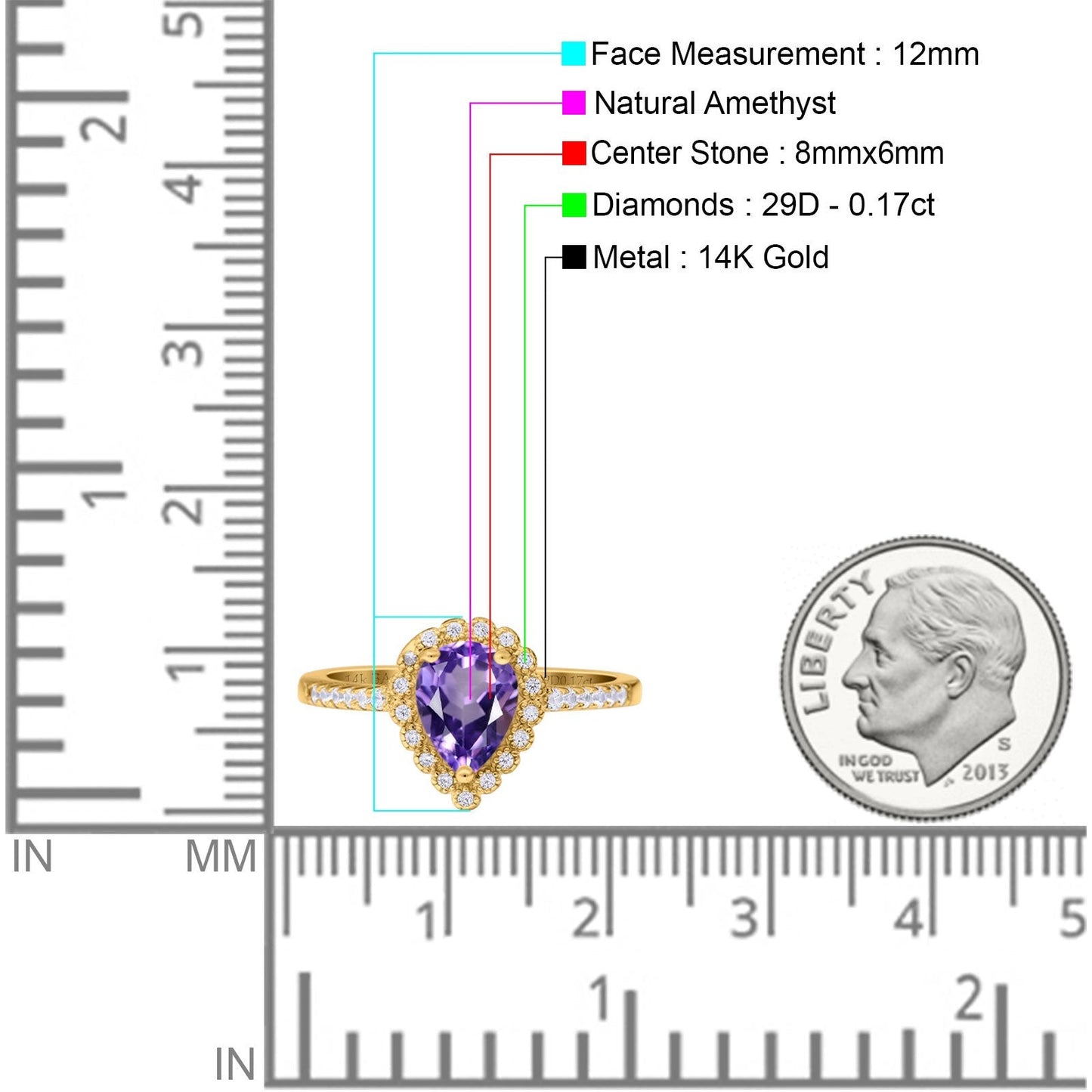 14K Yellow Gold 1.42ct Teardrop Pear Halo 8mmx6mm G SI Natural Amethyst Diamond Engagement Wedding Ring Size 6.5