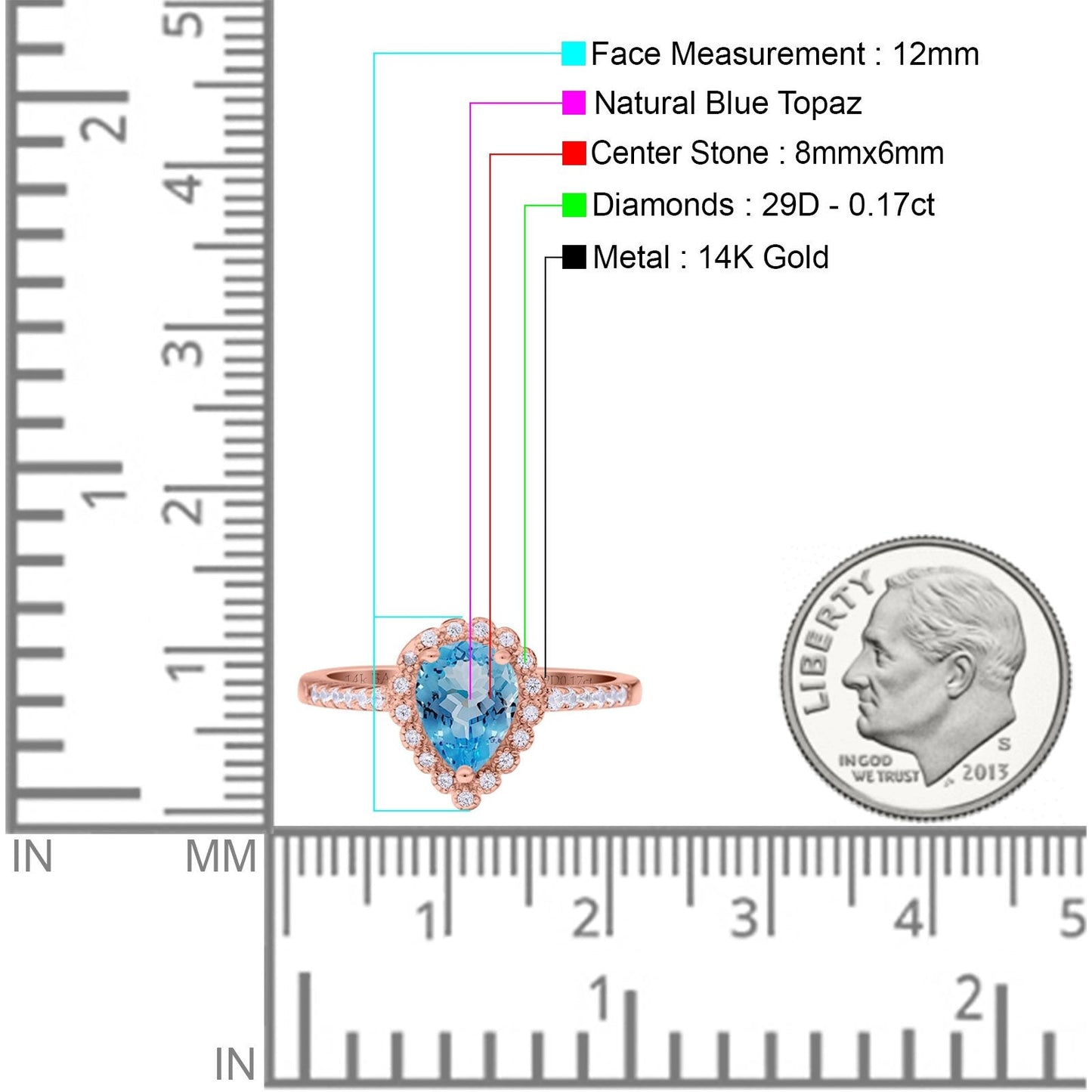 14K Rose Gold 1.42ct Teardrop Pear Halo 8mmx6mm G SI Natural Blue Topaz Diamond Engagement Wedding Ring Size 6.5