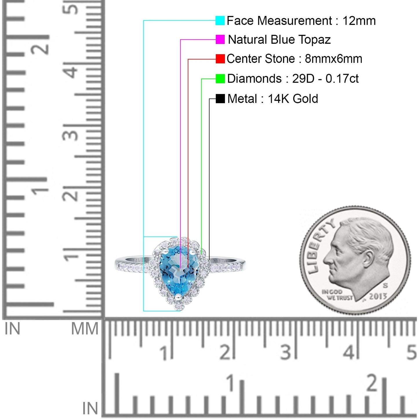 14K White Gold 1.42ct Teardrop Pear Halo 8mmx6mm G SI Natural Blue Topaz Diamond Engagement Wedding Ring Size 6.5