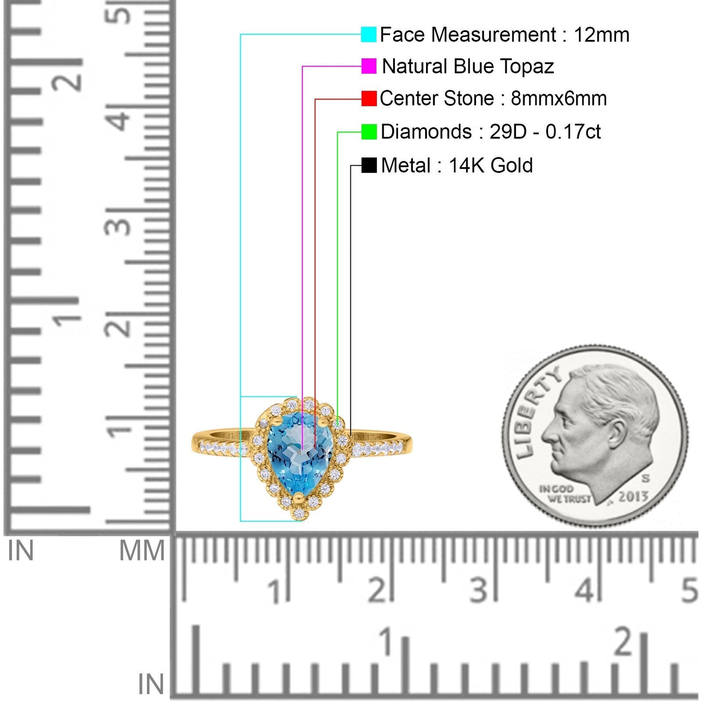 14K Yellow Gold 1.42ct Teardrop Pear Halo 8mmx6mm G SI Natural Blue Topaz Diamond Engagement Wedding Ring Size 6.5