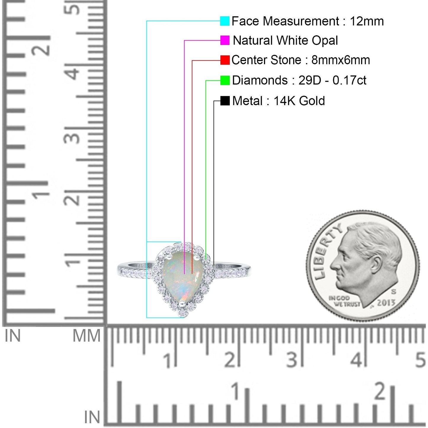 Anillo de compromiso de oro blanco de 14 quilates con halo de pera y forma de lágrima de 0,17 ct, 8 mm x 6 mm, G SI, con diamantes de ópalo blanco natural, tamaño 6,5