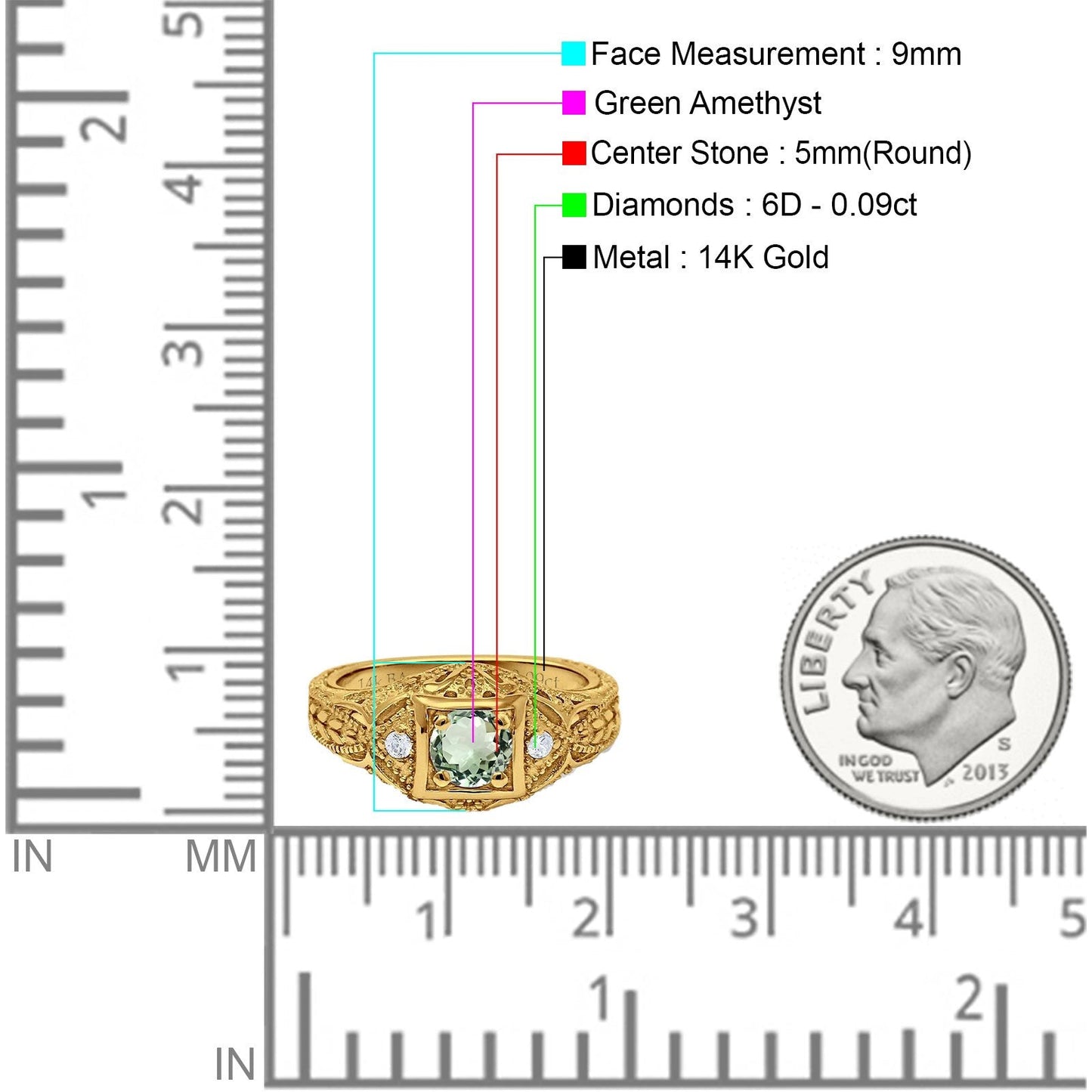 14K Yellow Gold 0.15ct Round Antique Style 5mm G SI Natural Green Amethyst Diamond Engagement Wedding Ring Size 6.5