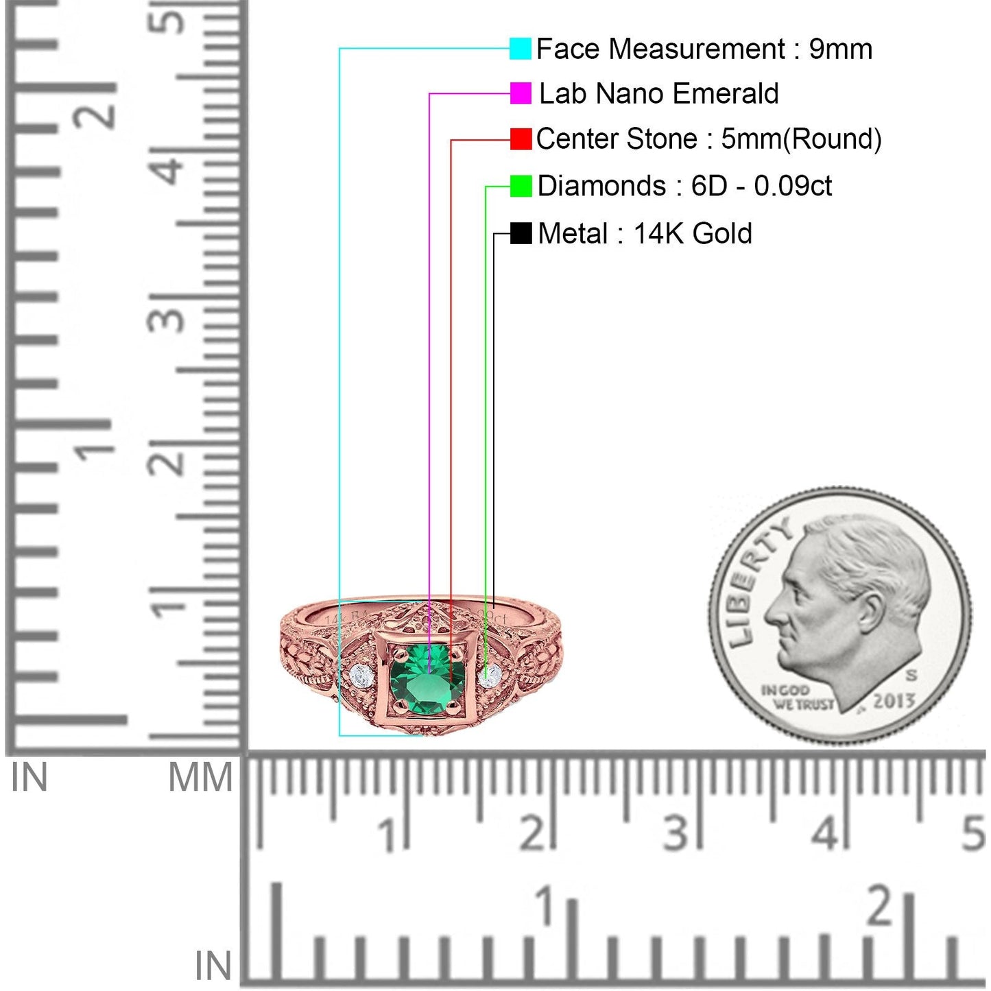 14K Rose Gold 0.15ct Round Antique Style 5mm G SI Nano Emerald Diamond Engagement Wedding Ring Size 6.5