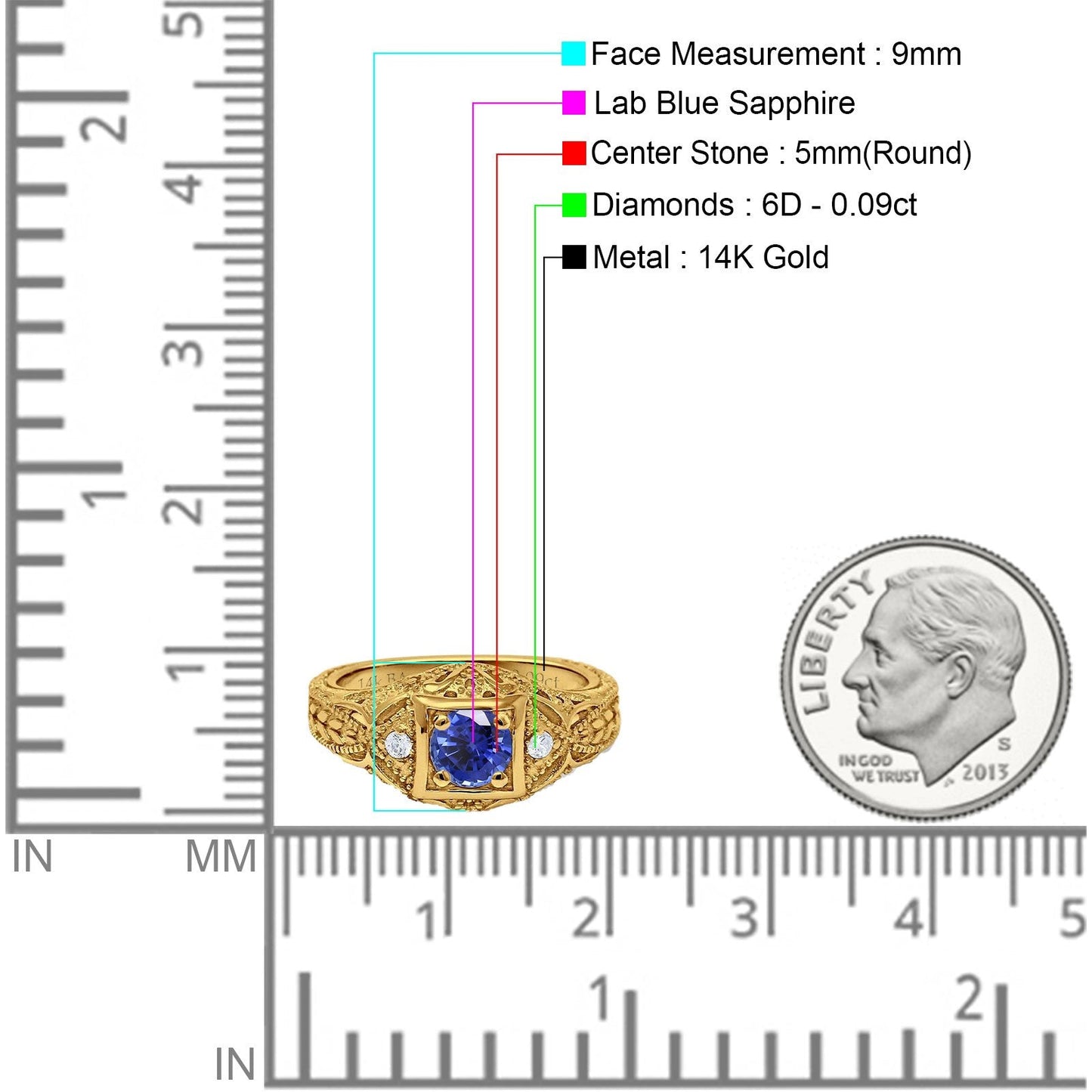 14K Yellow Gold 0.15ct Round Antique Style 5mm G SI Lab Blue Sapphire Diamond Engagement Wedding Ring Size 6.5