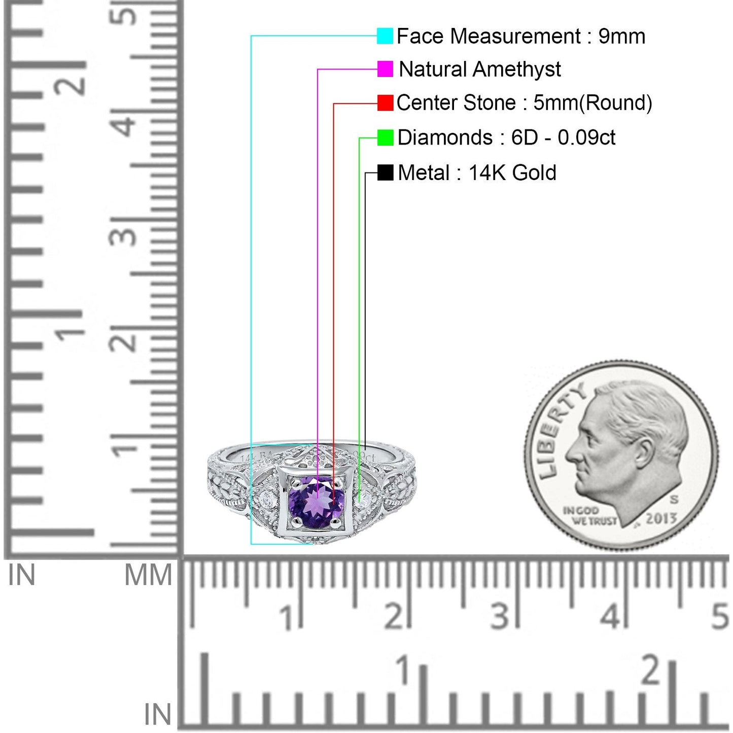 14K White Gold 0.15ct Round Antique Style 5mm G SI Natural Amethyst Diamond Engagement Wedding Ring Size 6.5