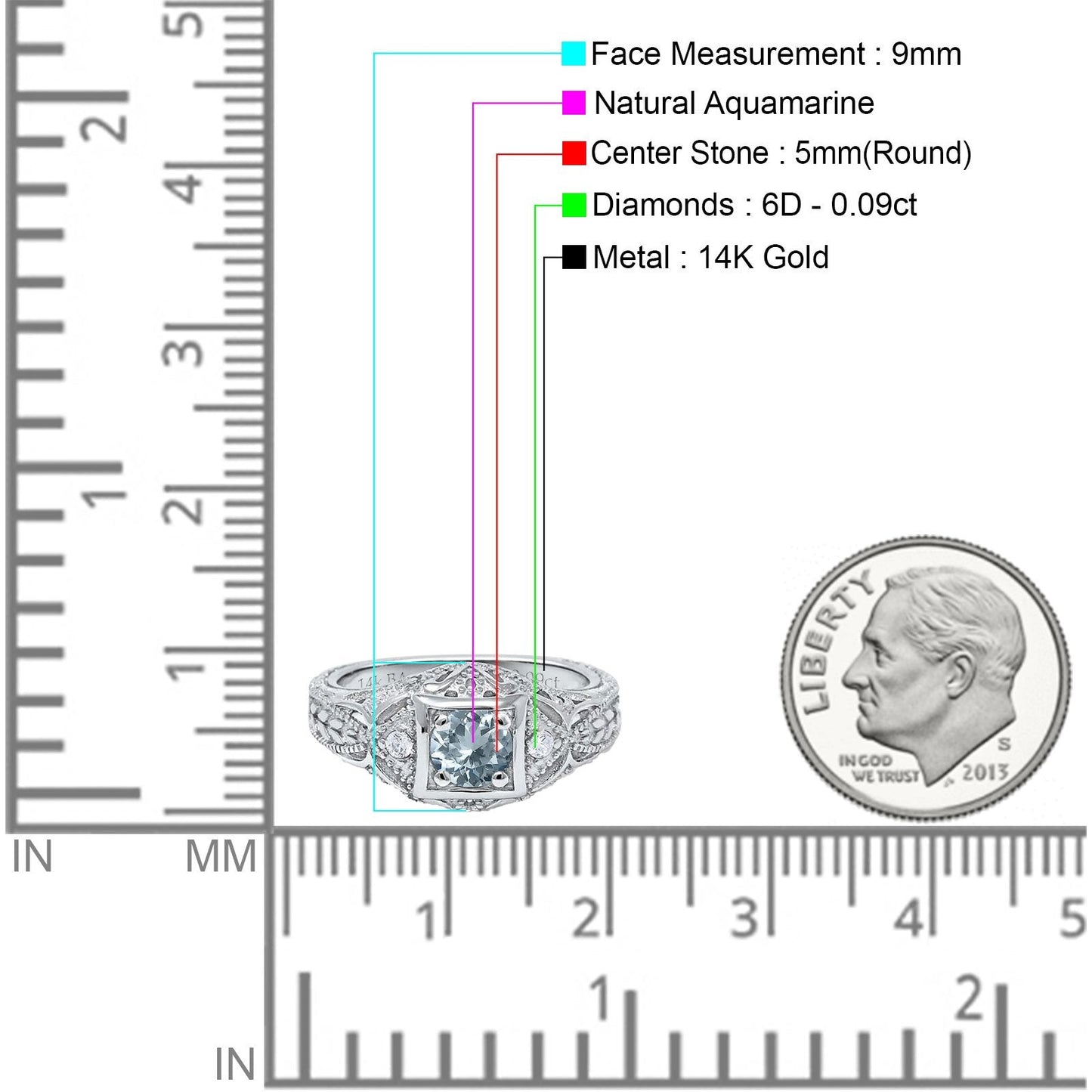 14K White Gold 0.15ct Round Antique Style 5mm G SI Natural Aquamarine Diamond Engagement Wedding Ring Size 6.5