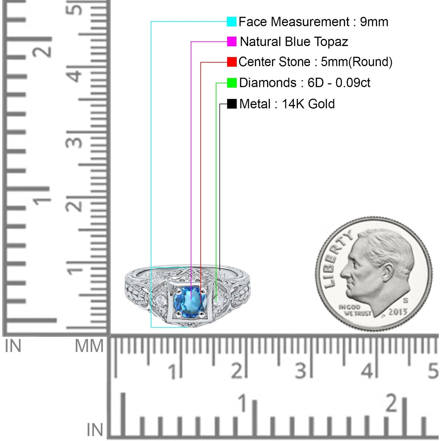 14K White Gold 0.15ct Round Antique Style 5mm G SI Natural Blue Topaz Diamond Engagement Wedding Ring Size 6.5