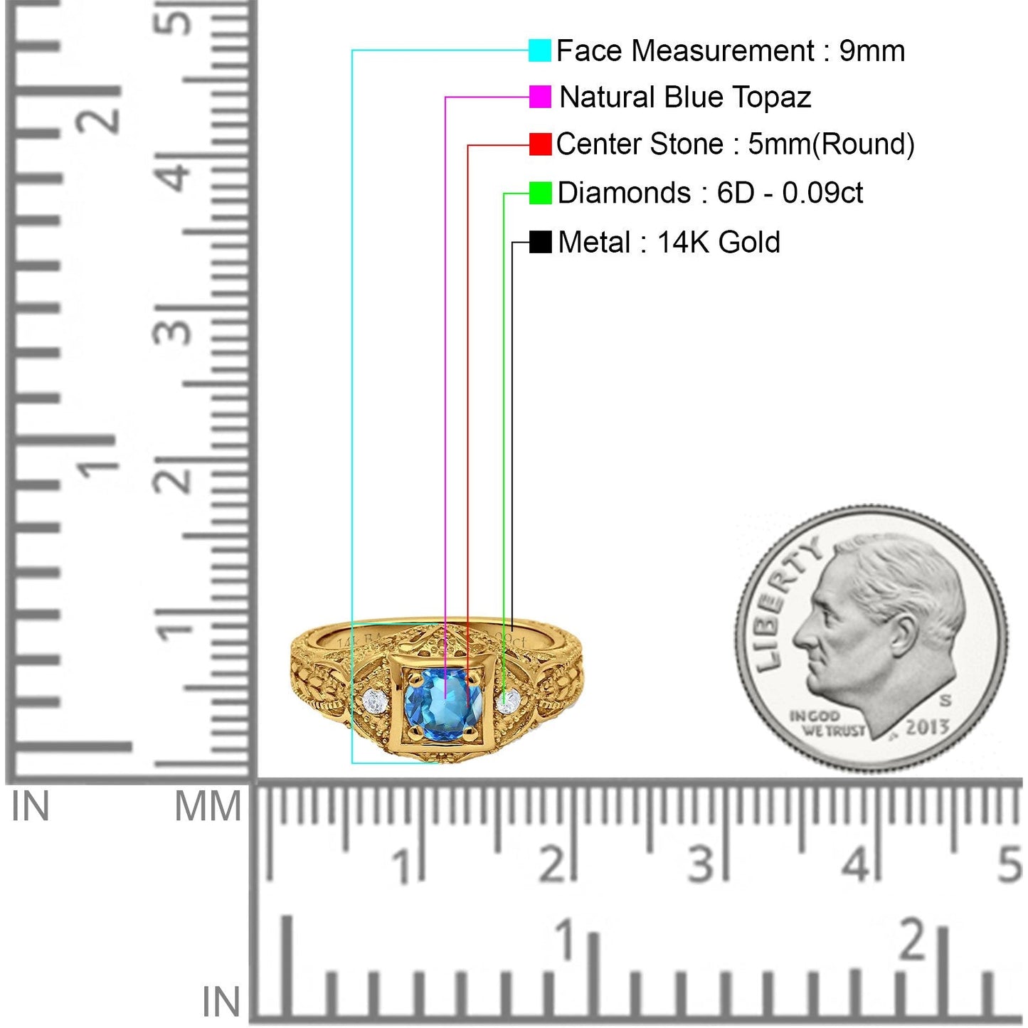 14K Yellow Gold 0.15ct Round Antique Style 5mm G SI Natural Blue Topaz Diamond Engagement Wedding Ring Size 6.5