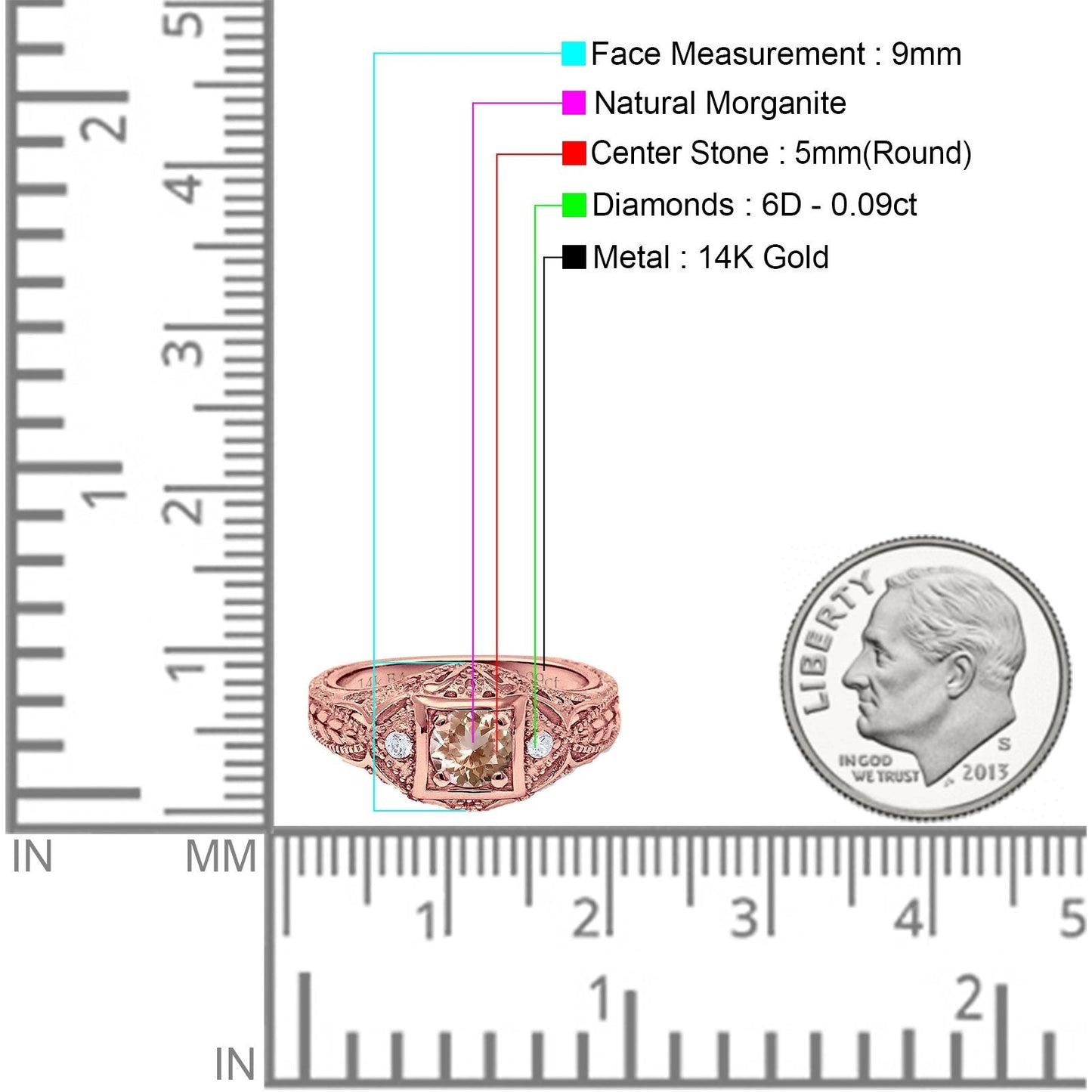 14K Rose Gold 0.15ct Round Antique Style 5mm G SI Natural Morganite Diamond Engagement Wedding Ring Size 6.5