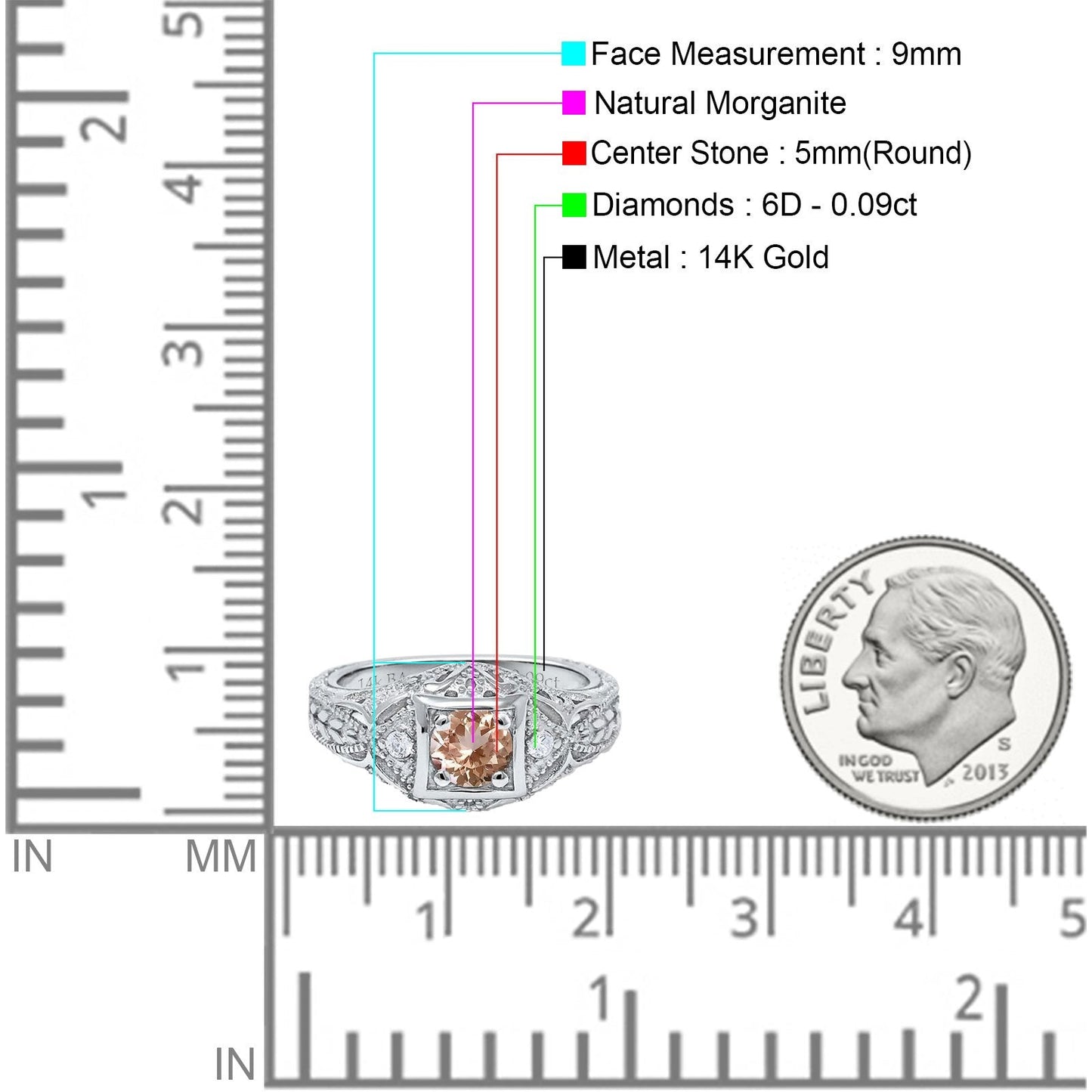 14K White Gold 0.15ct Round Antique Style 5mm G SI Natural Morganite Diamond Engagement Wedding Ring Size 6.5